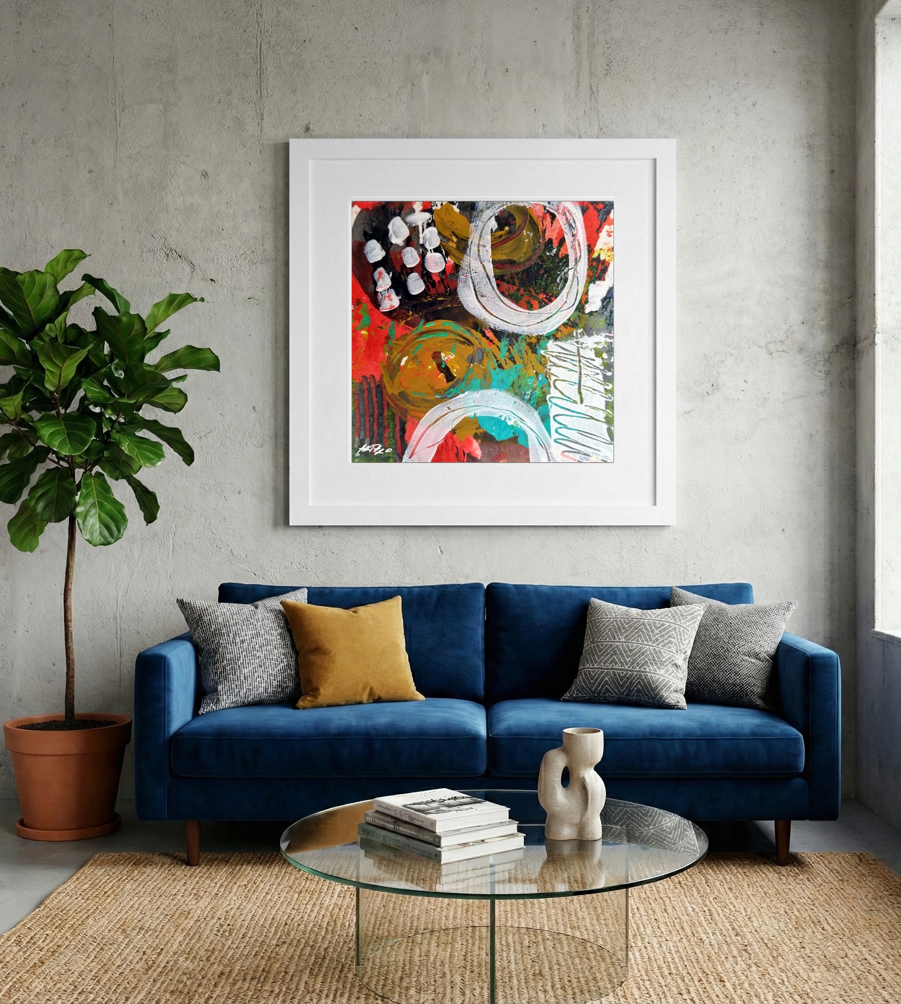 Crimson and Olive Swirls on Paper — art on the wall, room interior preview 2