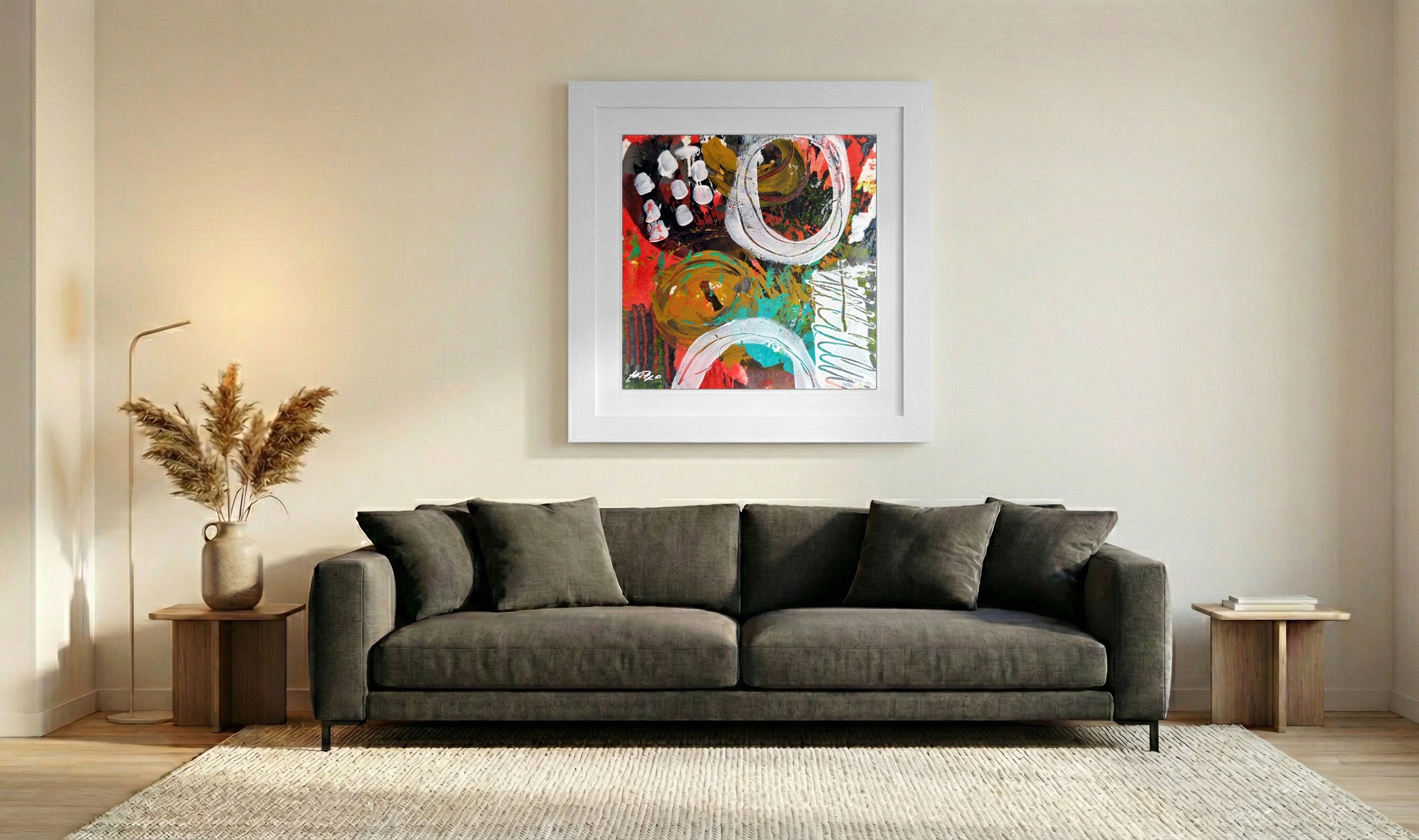 Crimson and Olive Swirls on Paper — art on the wall, room interior preview 3