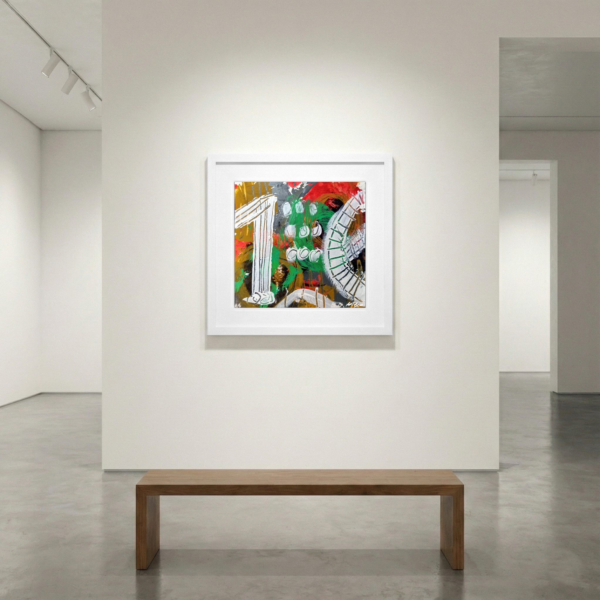 Crimson and Green Acrylic Abstract on Paper — art on the wall, room interior preview 1