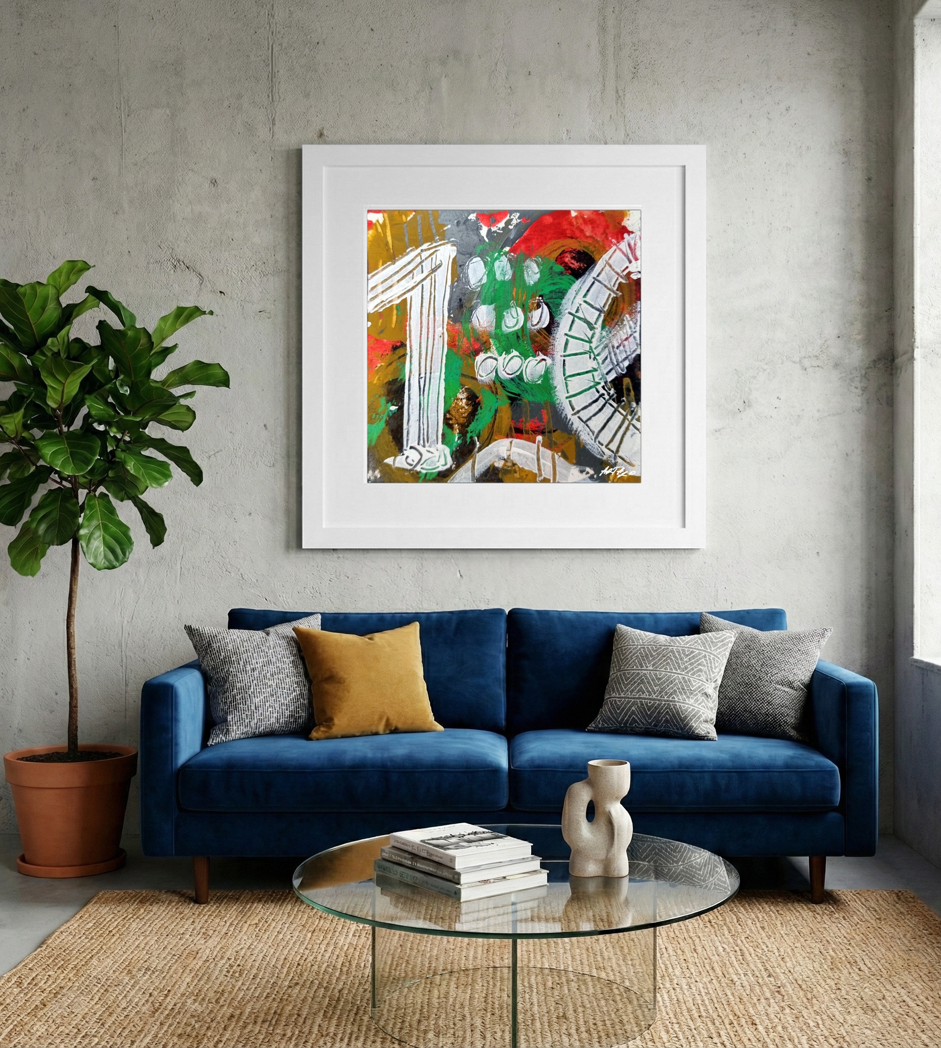 Crimson and Green Acrylic Abstract on Paper — art on the wall, room interior preview 2