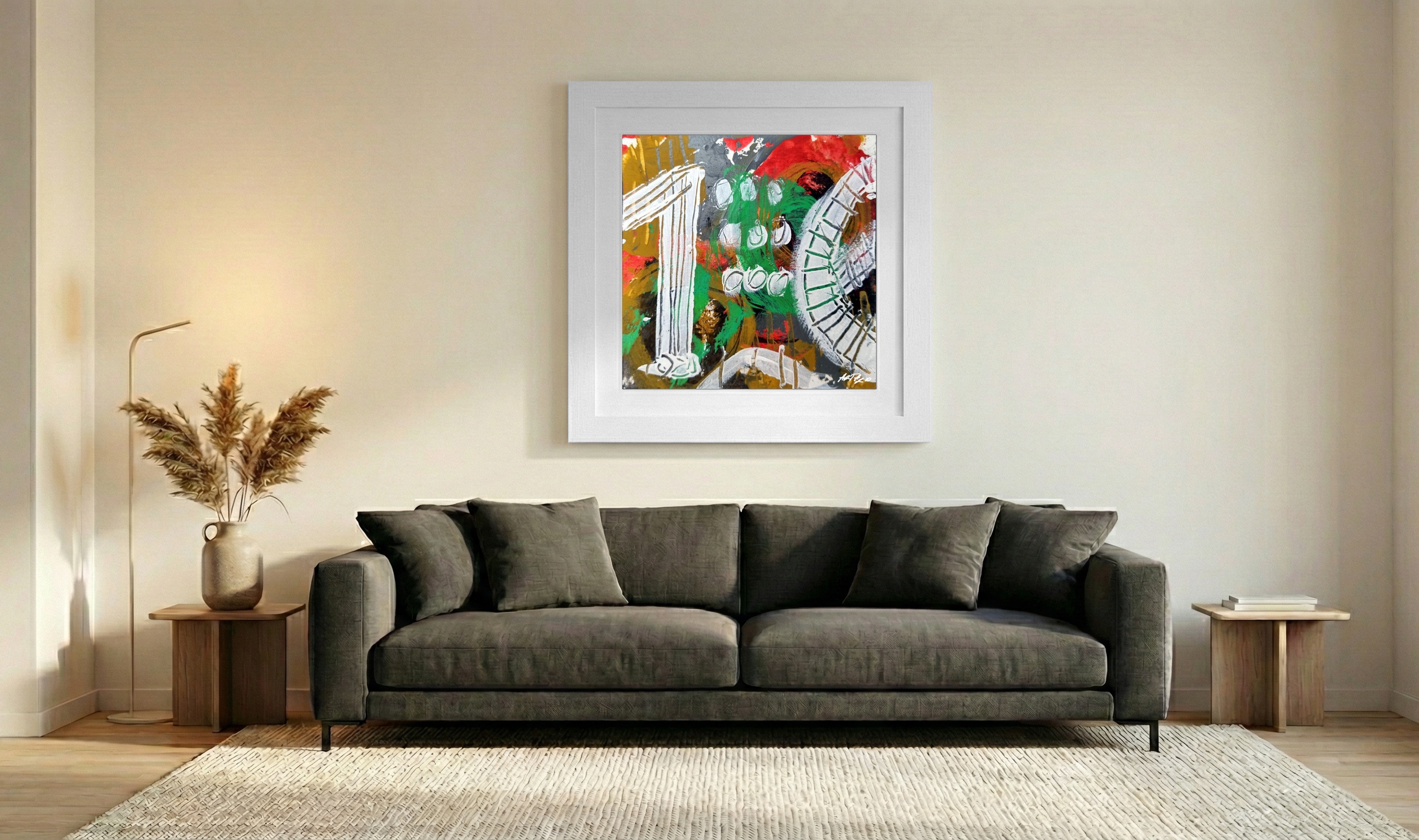 Crimson and Green Acrylic Abstract on Paper — art on the wall, room interior preview 3