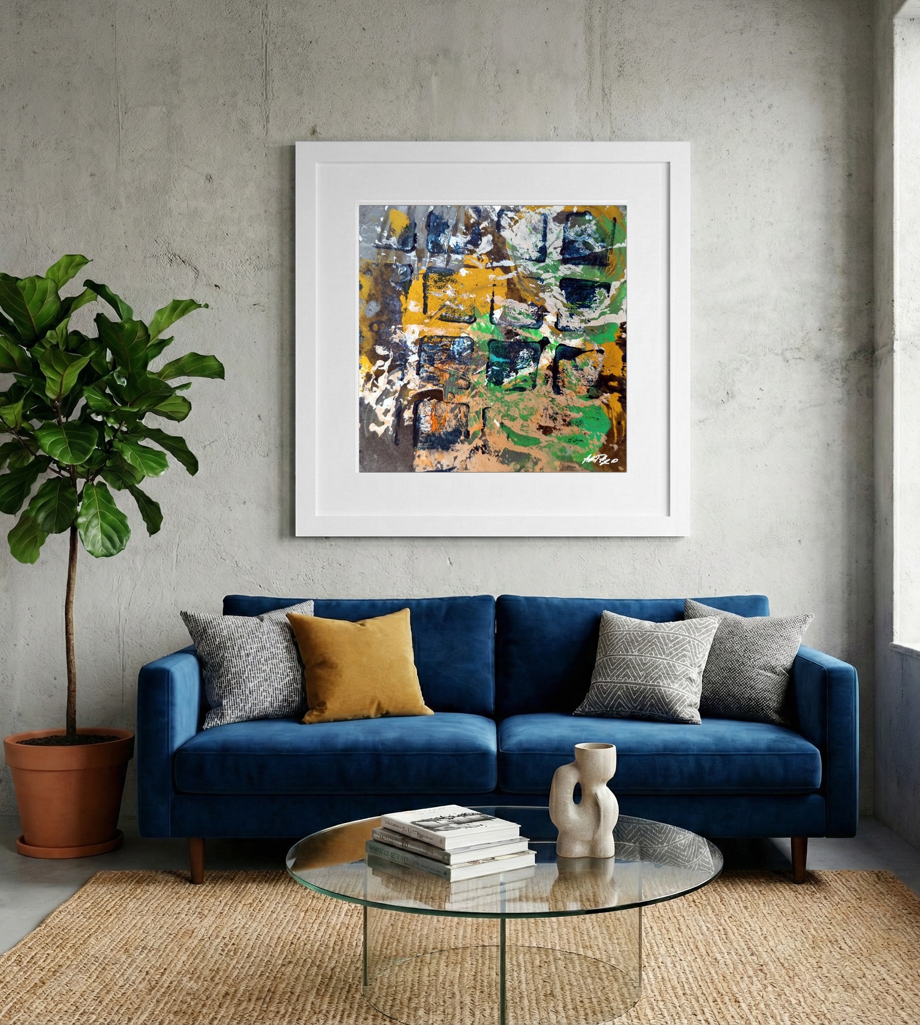 Ochre and Green Abstract on Paper — art on the wall, room interior preview 2