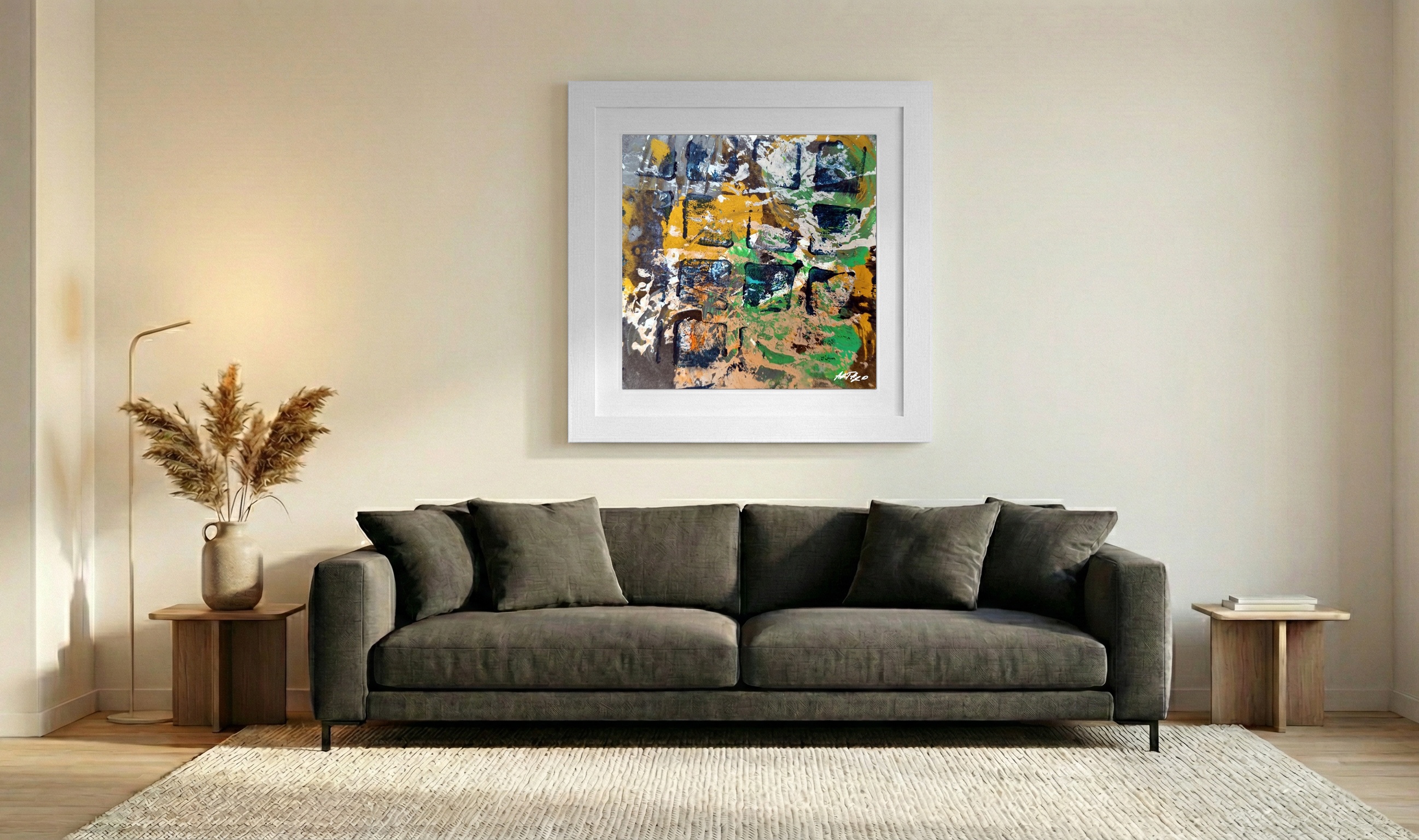 Ochre and Green Abstract on Paper — art on the wall, room interior preview 3