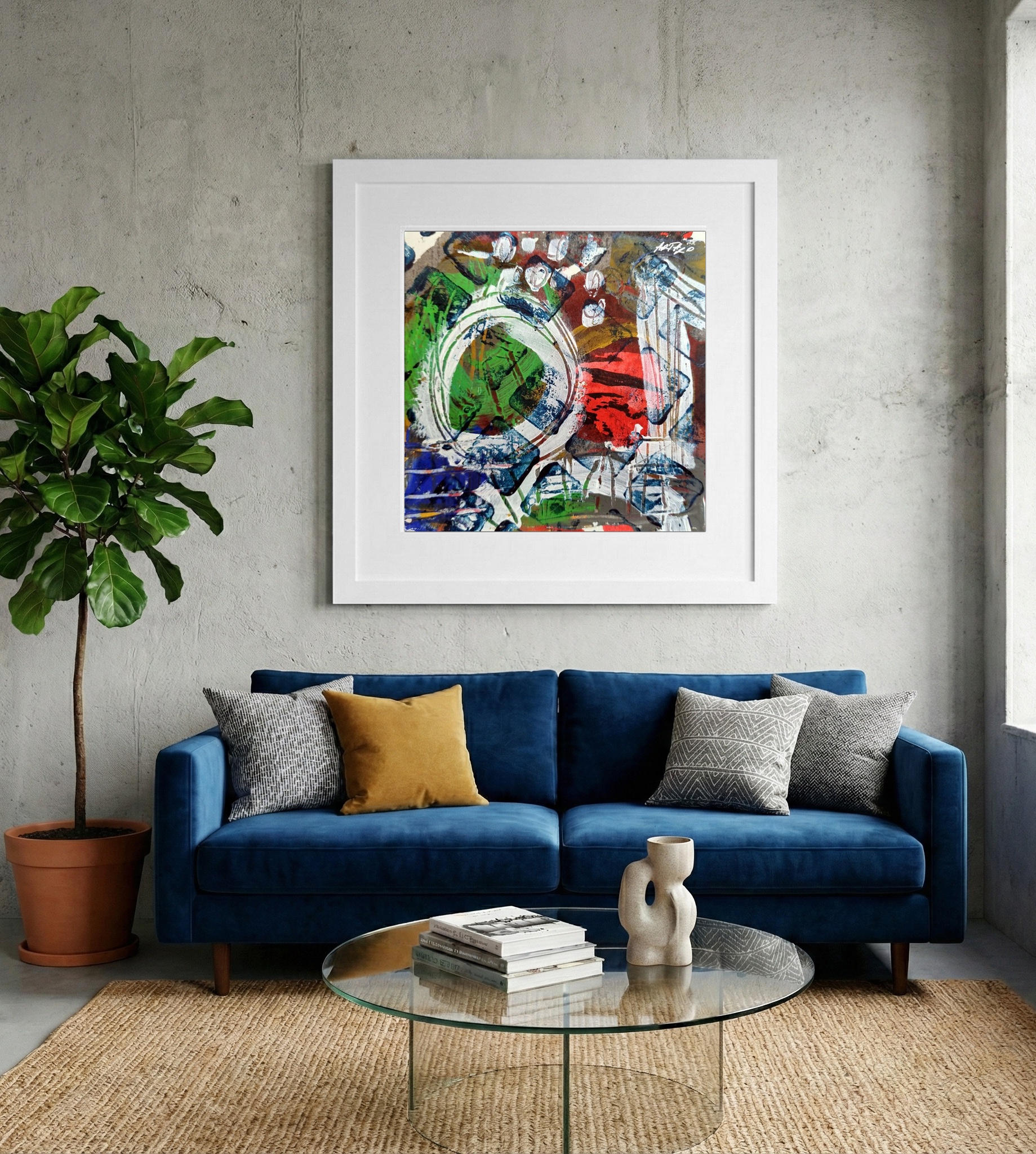 Crimson and Green Swirl on Paper — art on the wall, room interior preview 2