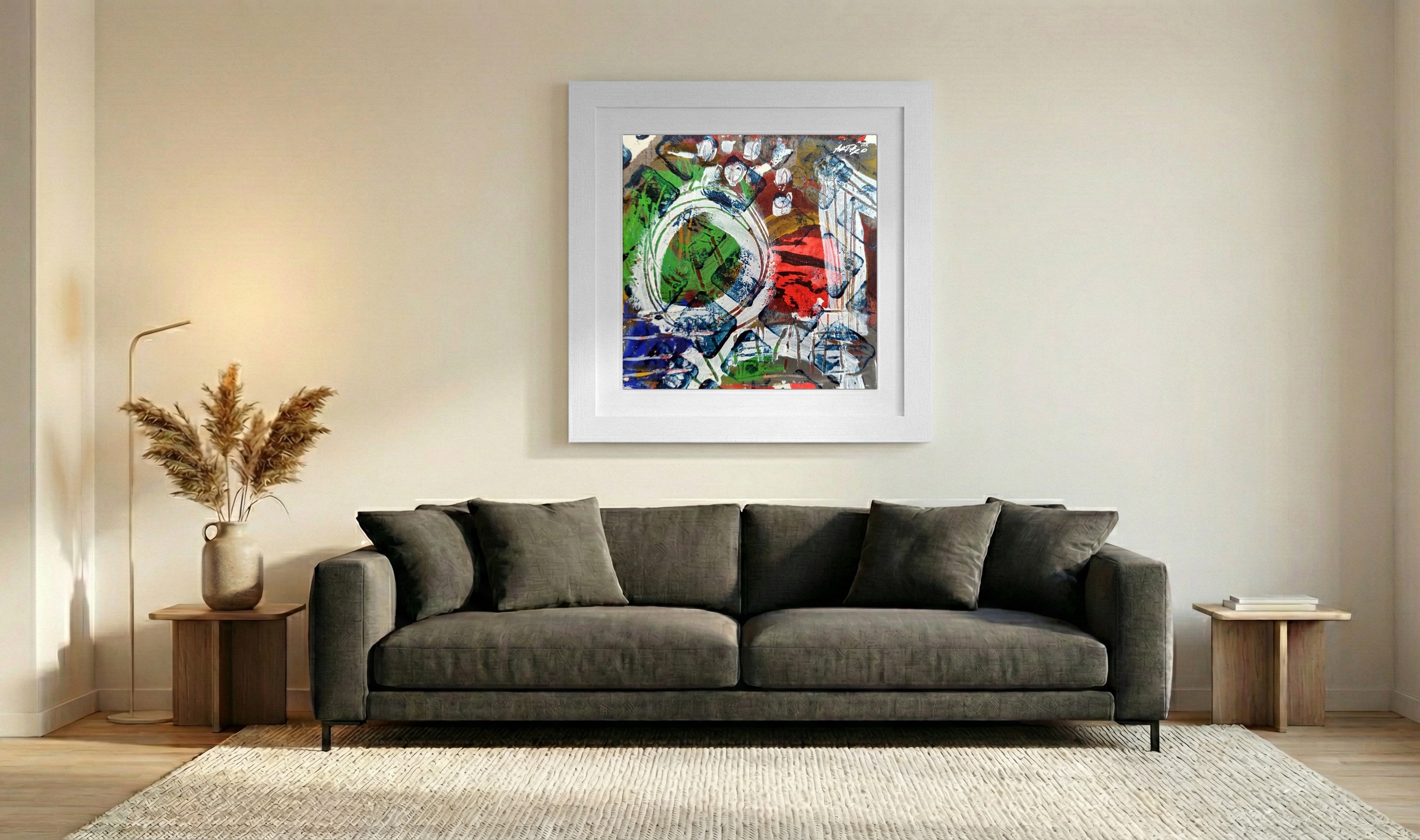 Crimson and Green Swirl on Paper — art on the wall, room interior preview 3
