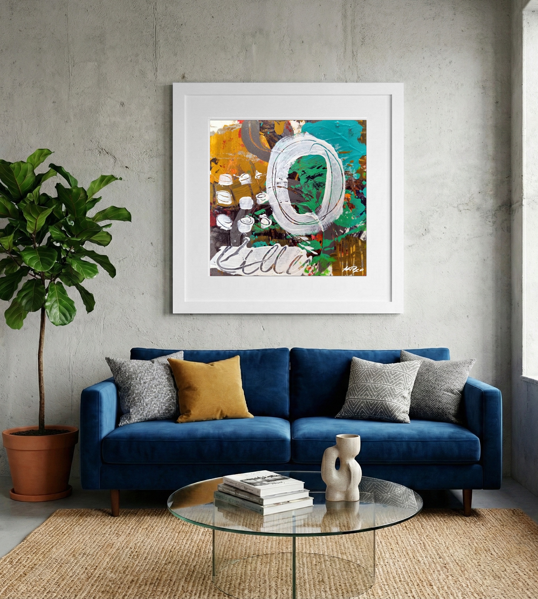 Emerald Green and Ochre Abstract on Paper — art on the wall, room interior preview 2