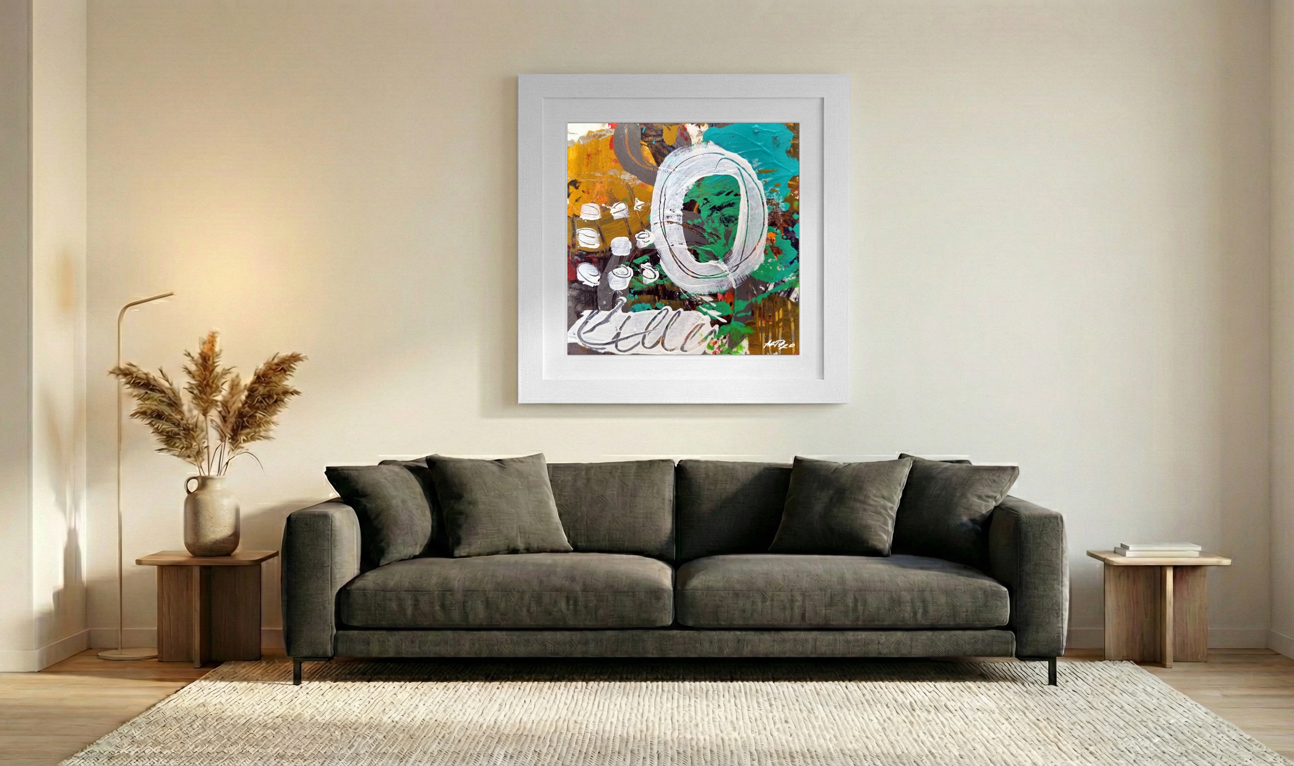 Emerald Green and Ochre Abstract on Paper — art on the wall, room interior preview 3