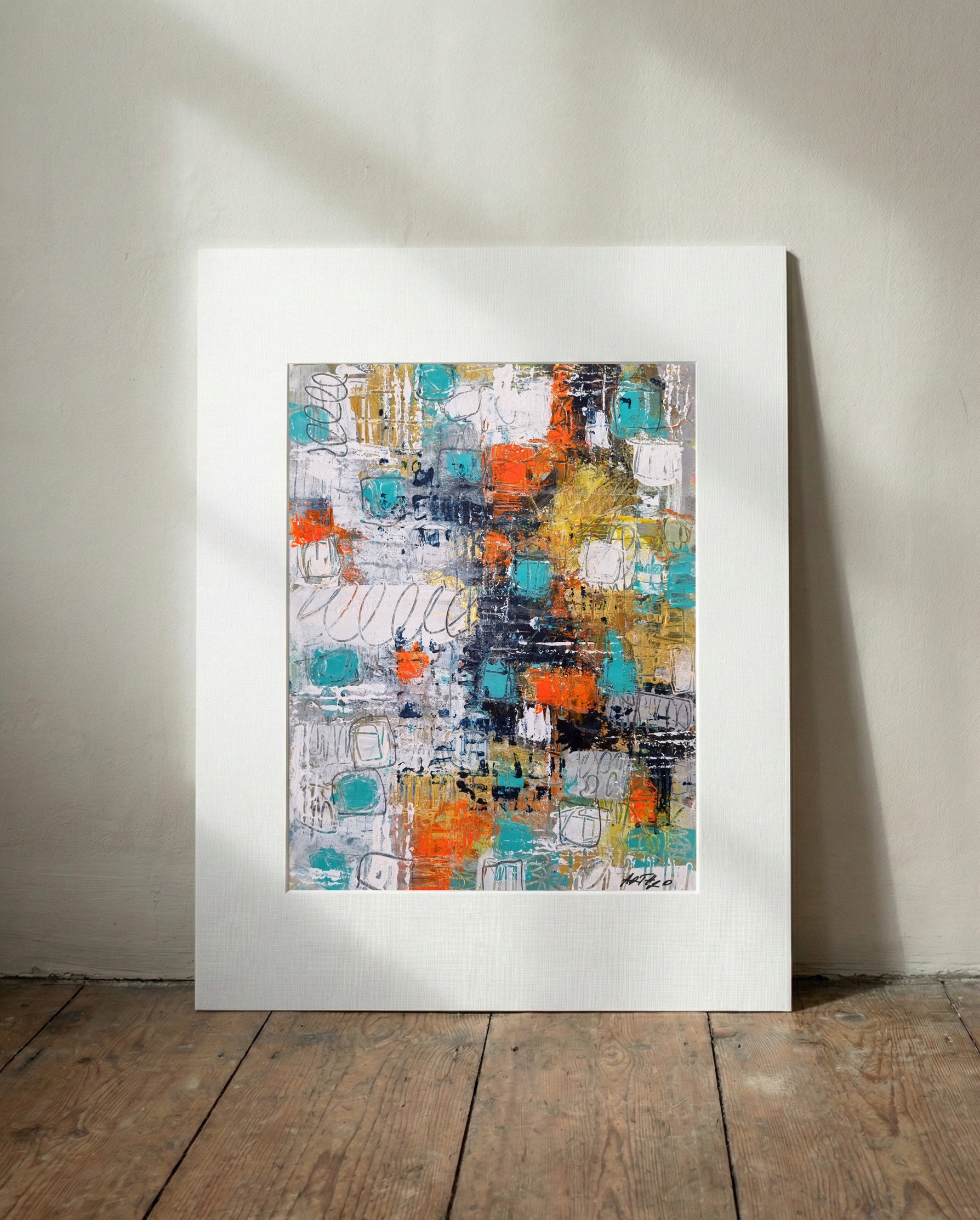 Teal and Orange Abstract on Paper — art on the wall, room interior preview 2