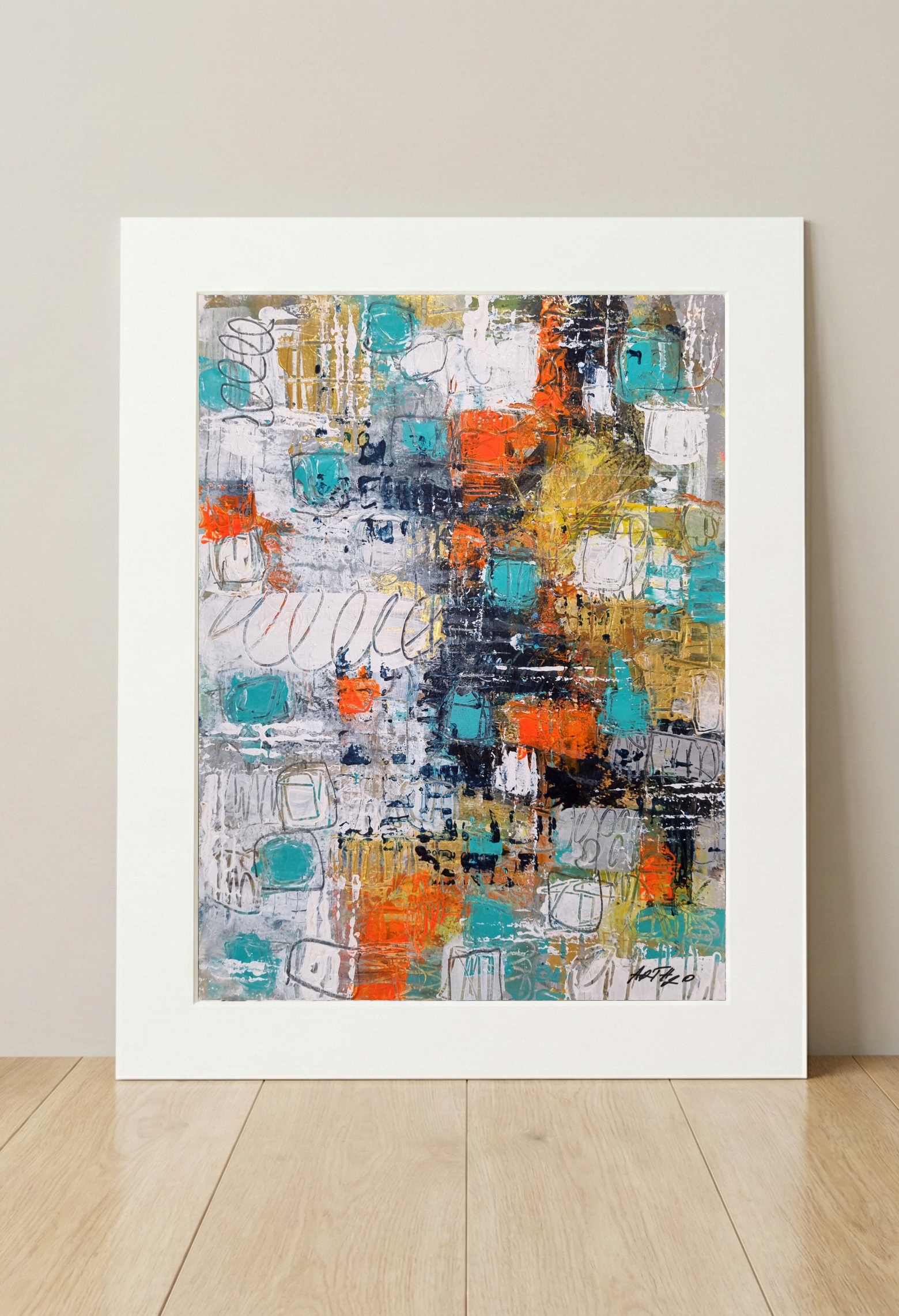 Teal and Orange Abstract on Paper — art on the wall, room interior preview 3