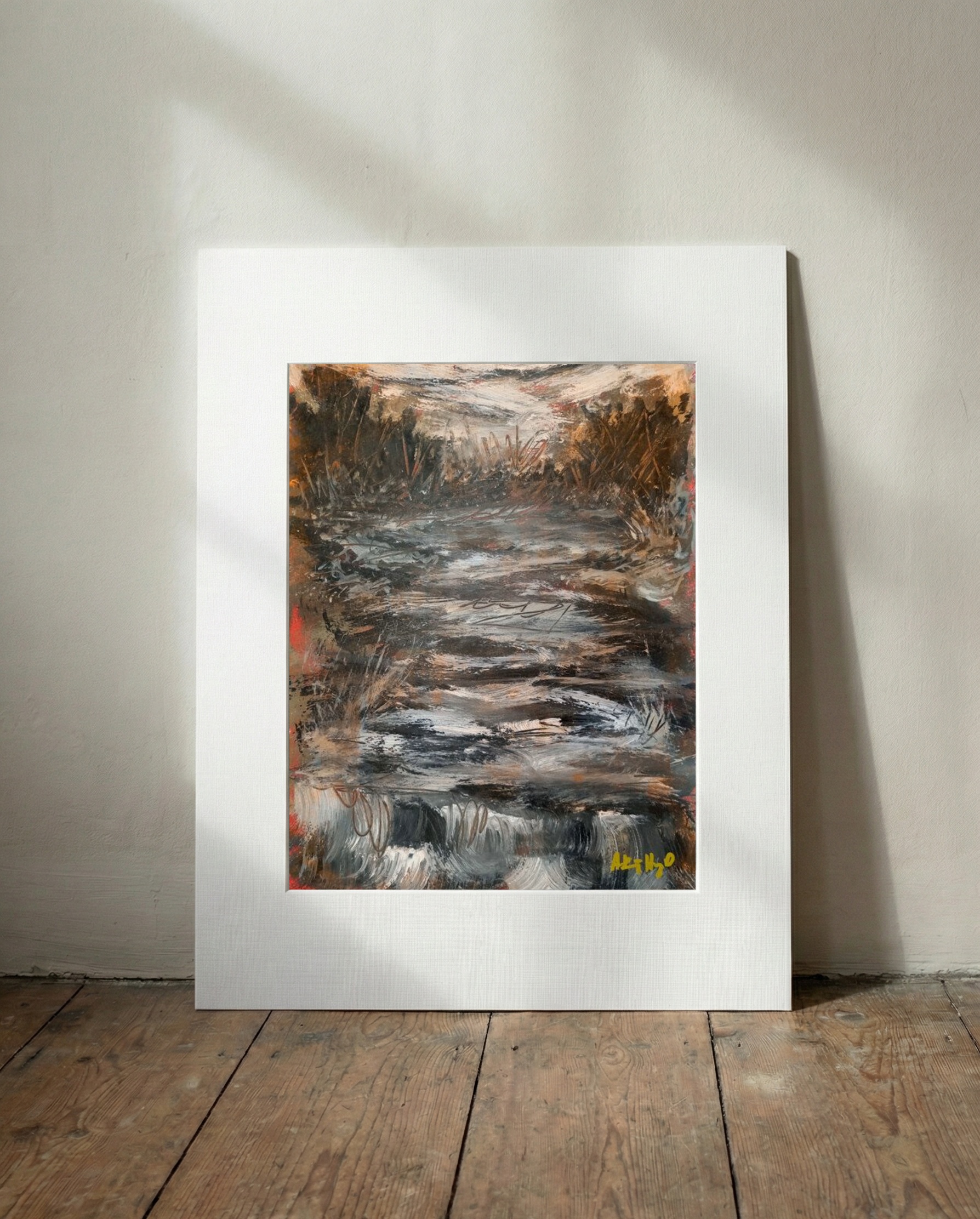 Burnt Sienna Stormy Landscape on Paper — art on the wall, room interior preview 2