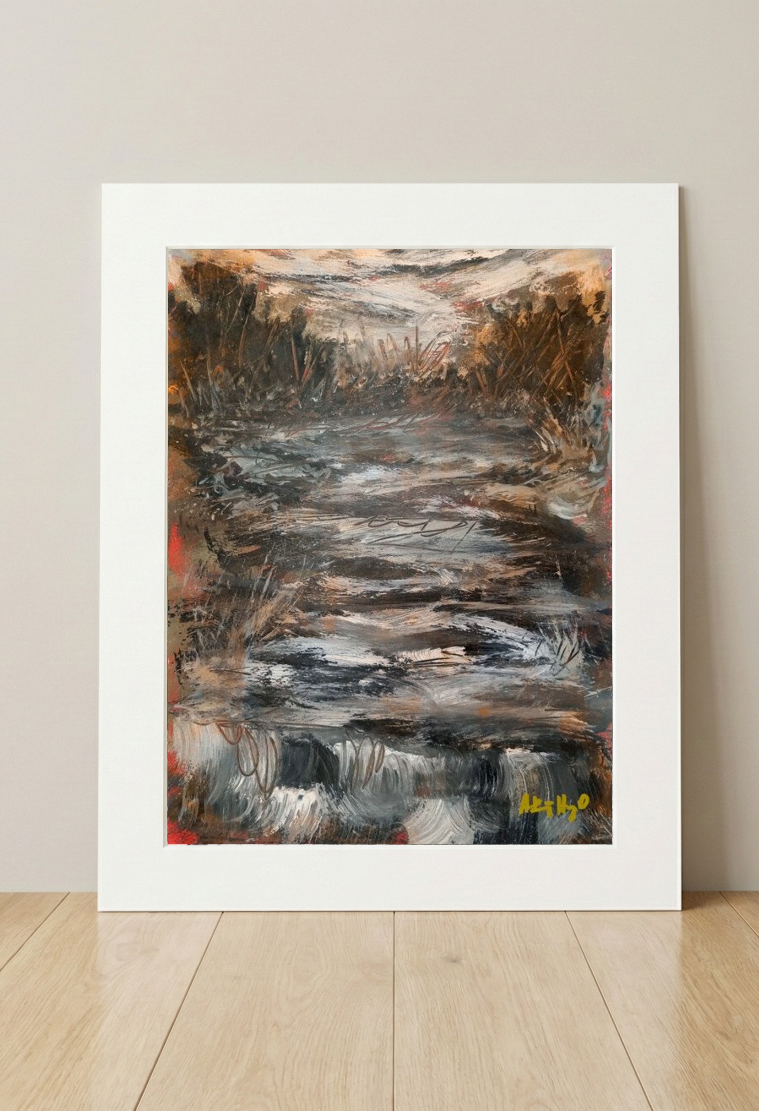 Burnt Sienna Stormy Landscape on Paper — art on the wall, room interior preview 3