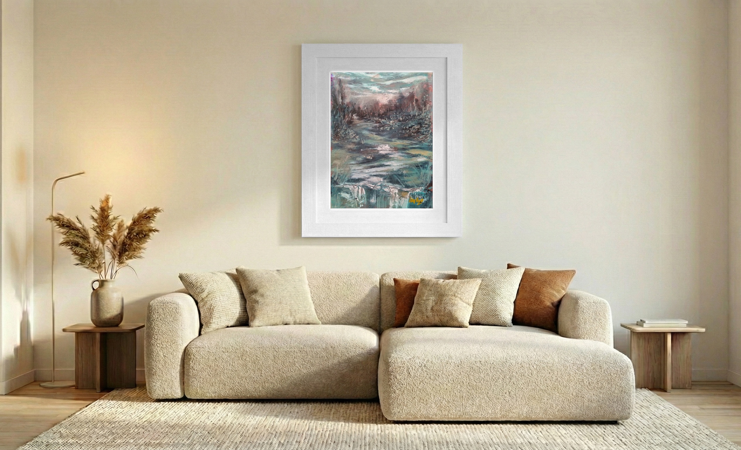 Teal and Brown River Scene on Paper — art on the wall, room interior preview 1