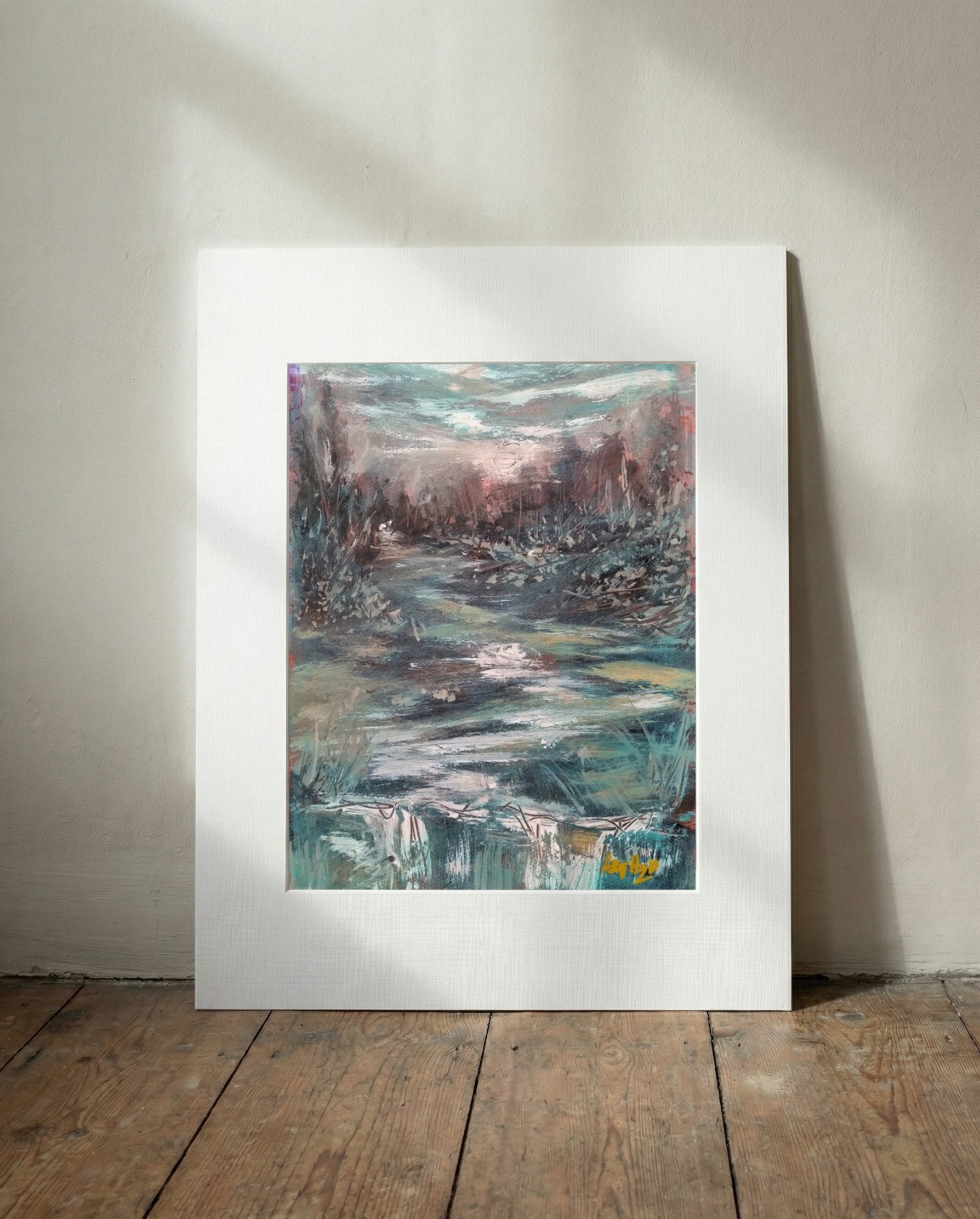 Teal and Brown River Scene on Paper — art on the wall, room interior preview 2
