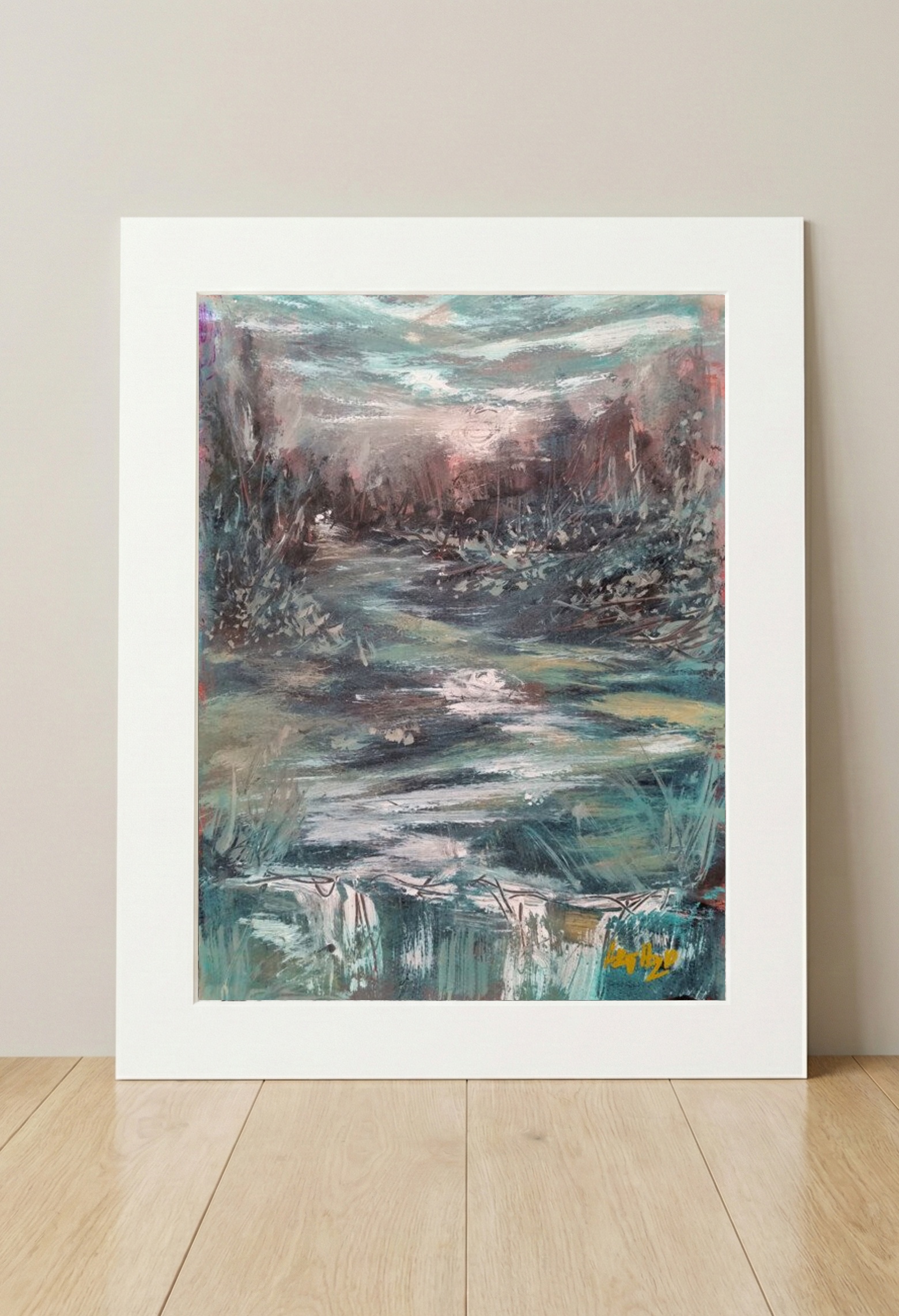 Teal and Brown River Scene on Paper — art on the wall, room interior preview 3