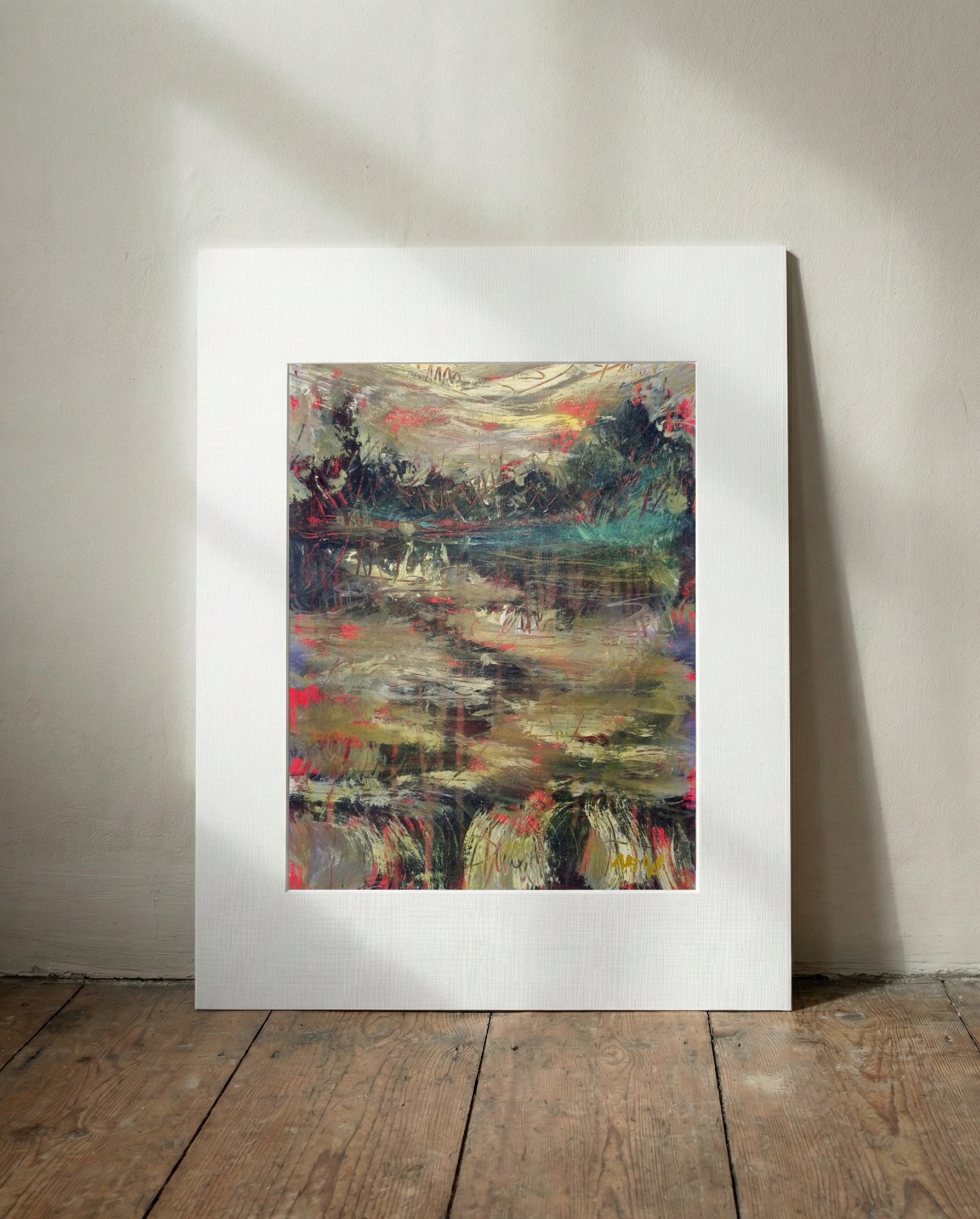 Muted Green Acrylic Landscape on Paper — art on the wall, room interior preview 2