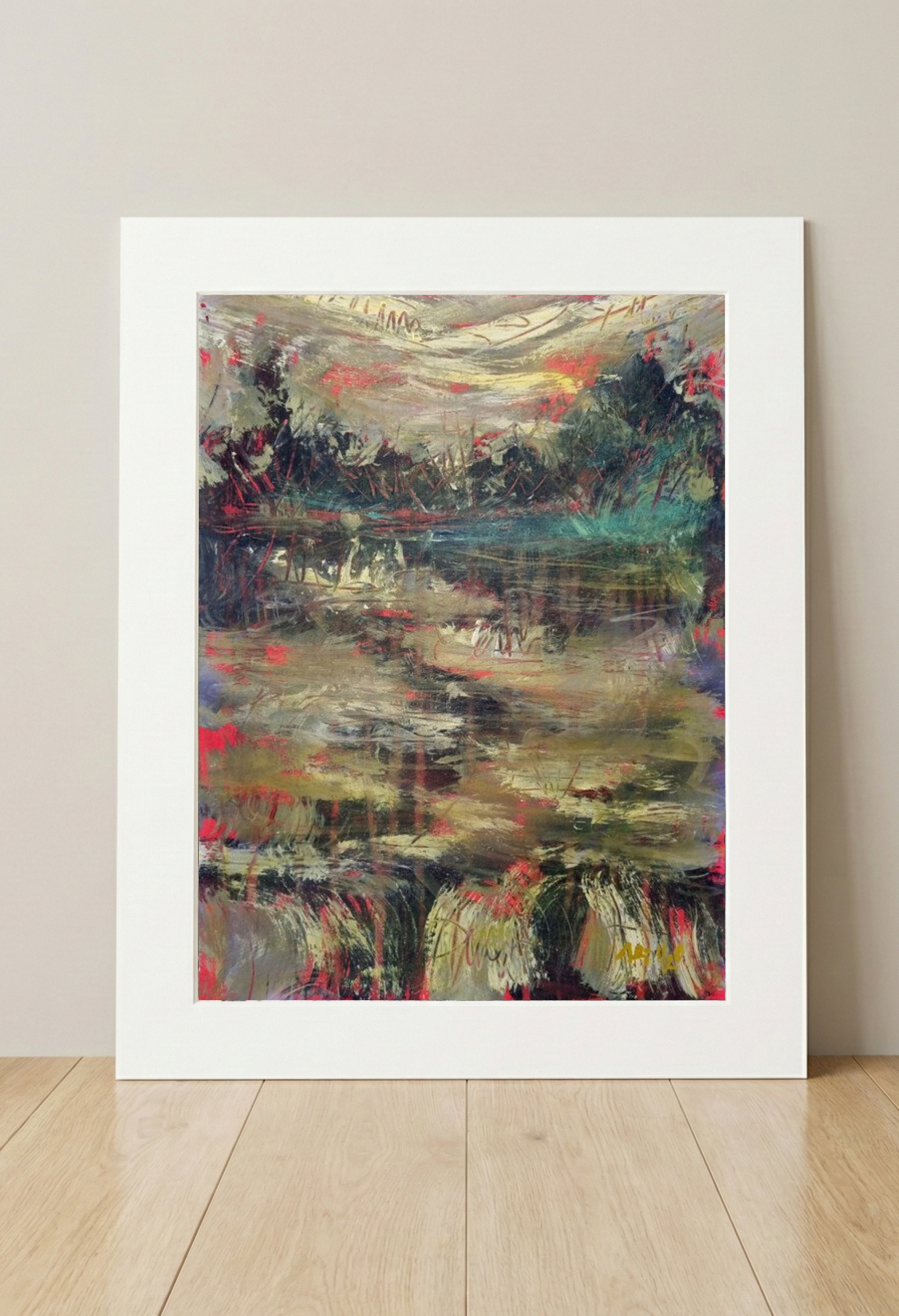Muted Green Acrylic Landscape on Paper — art on the wall, room interior preview 3
