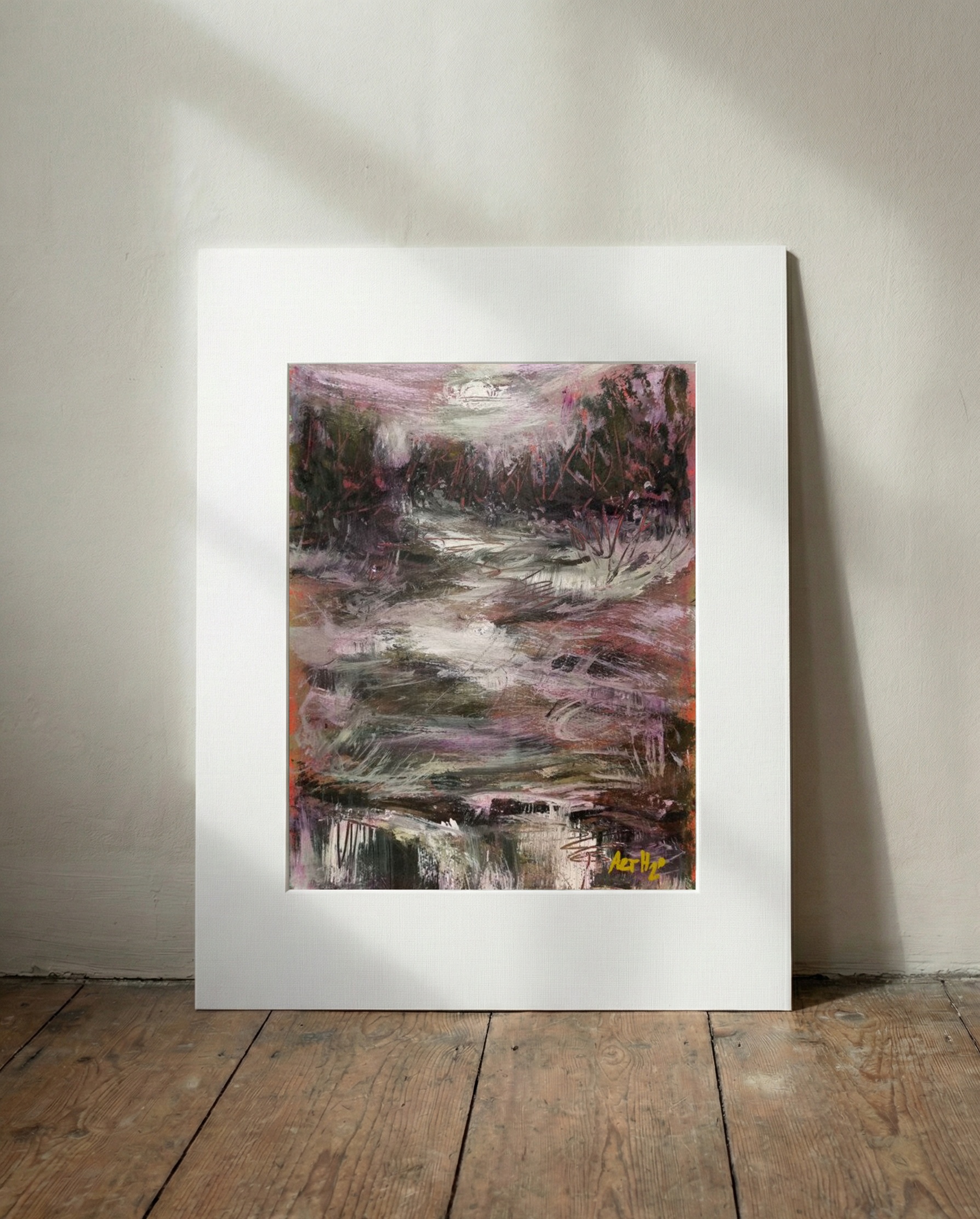 Muted Lavender and Green Acrylic Landscape — art on the wall, room interior preview 2