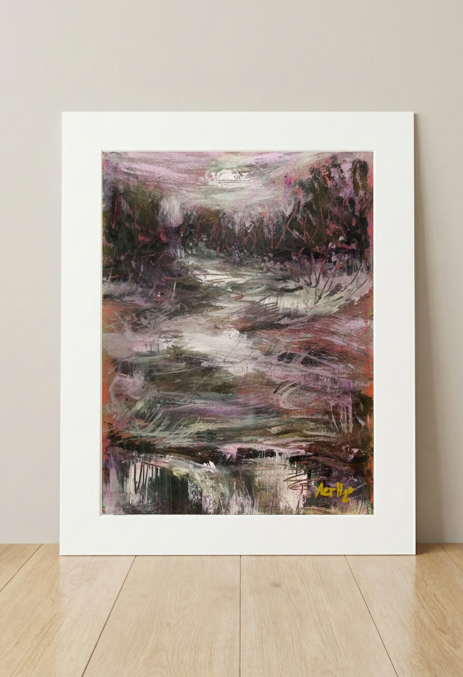 Muted Lavender and Green Acrylic Landscape — art on the wall, room interior preview 3