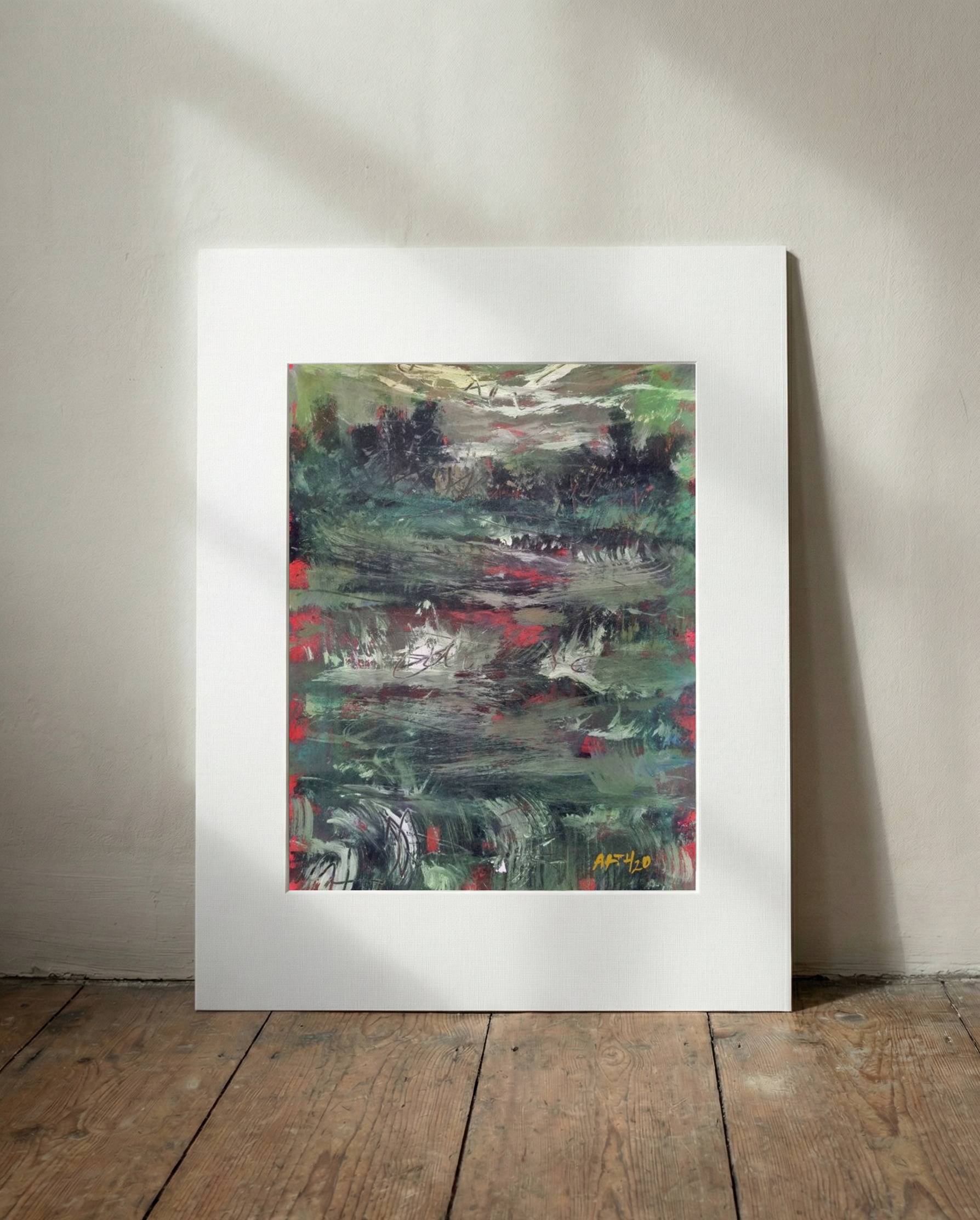 Emerald and Crimson Landscape on Paper — art on the wall, room interior preview 2