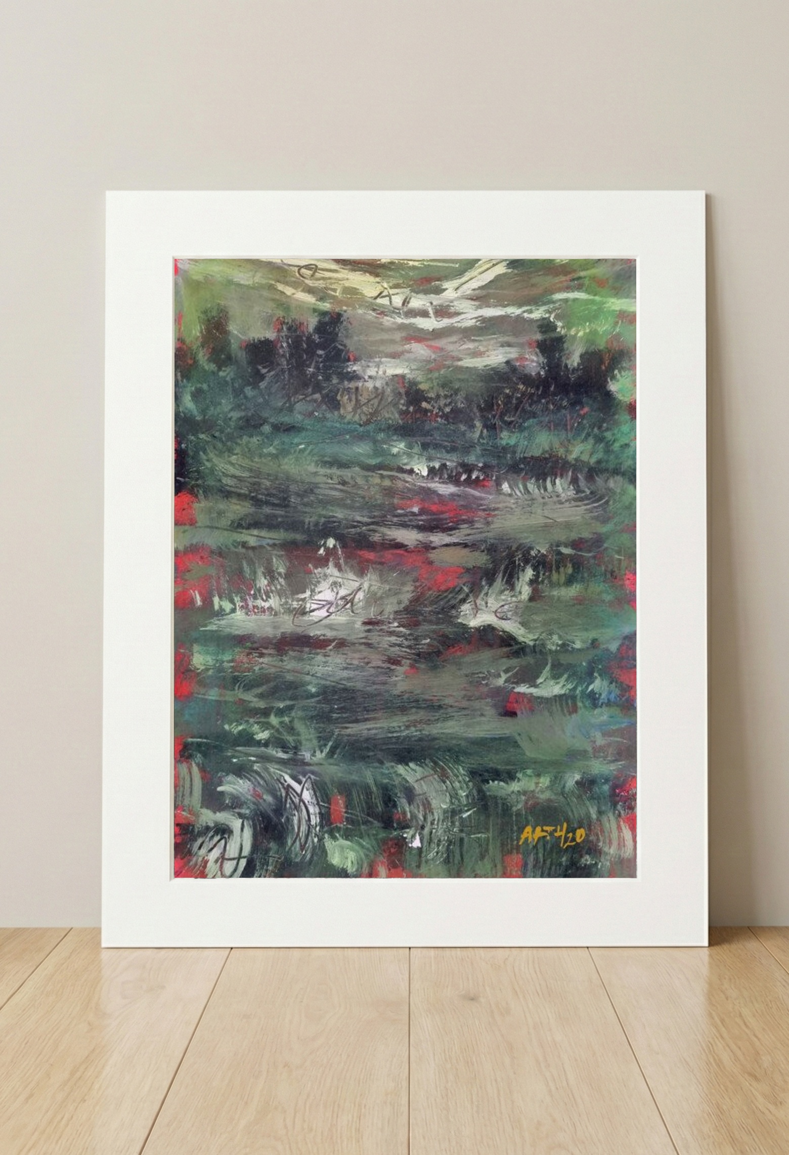 Emerald and Crimson Landscape on Paper — art on the wall, room interior preview 3