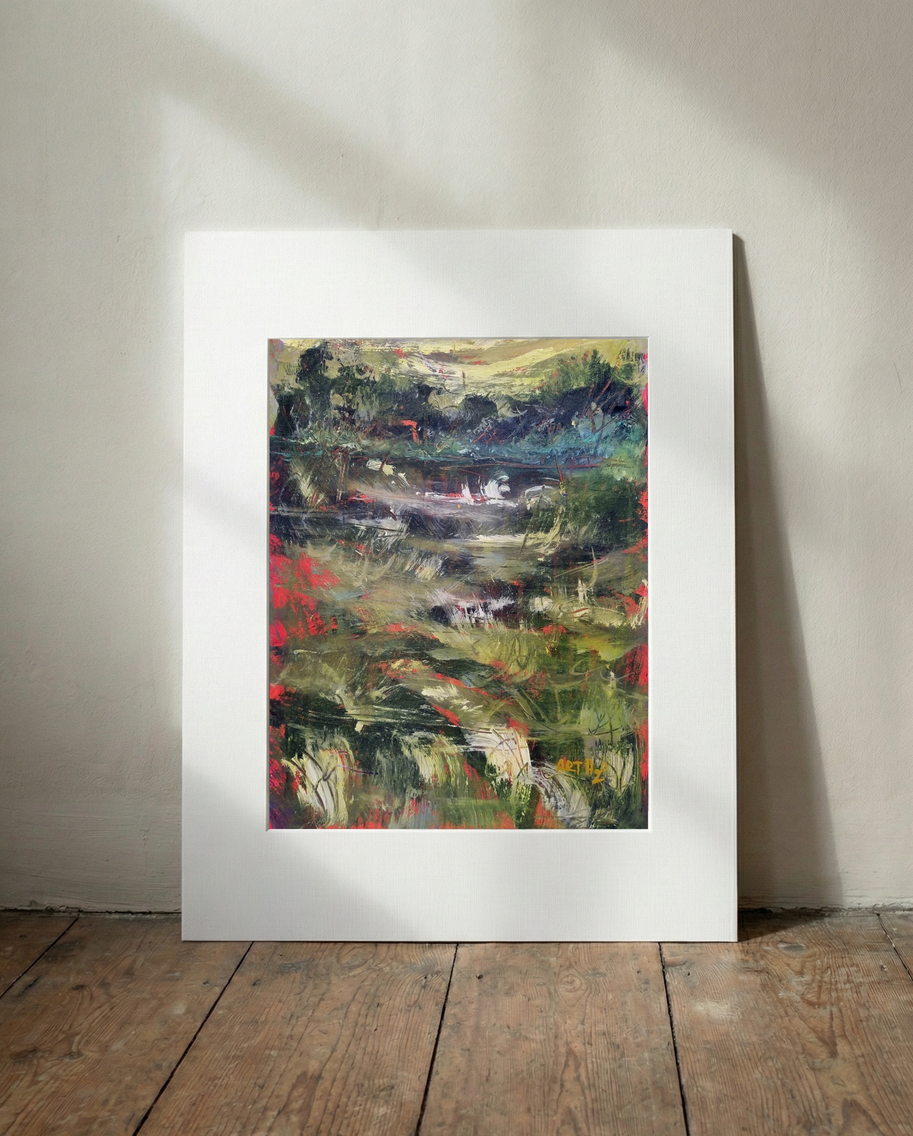 Mossy Green Acrylic Landscape on Paper — art on the wall, room interior preview 2