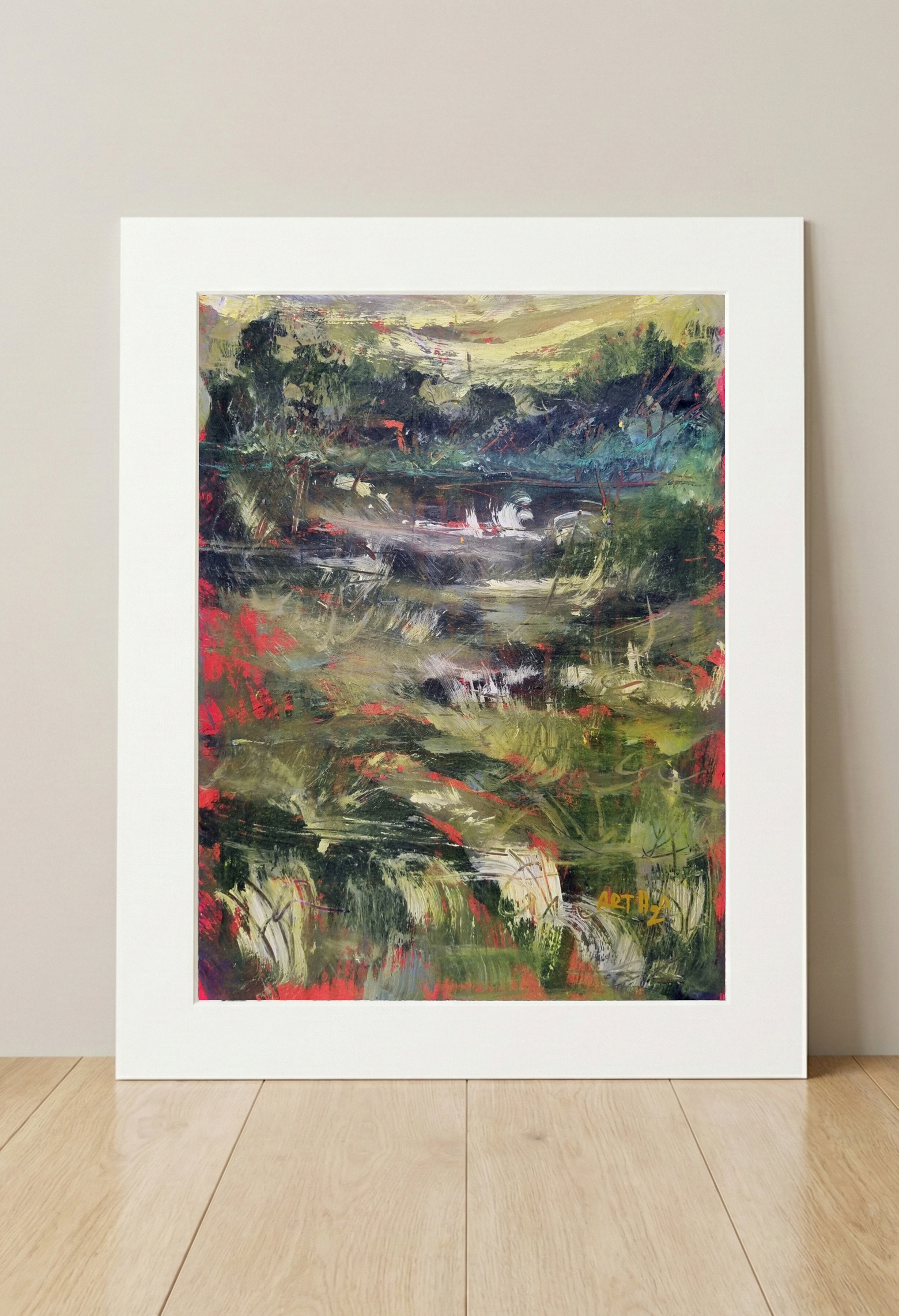 Mossy Green Acrylic Landscape on Paper — art on the wall, room interior preview 3