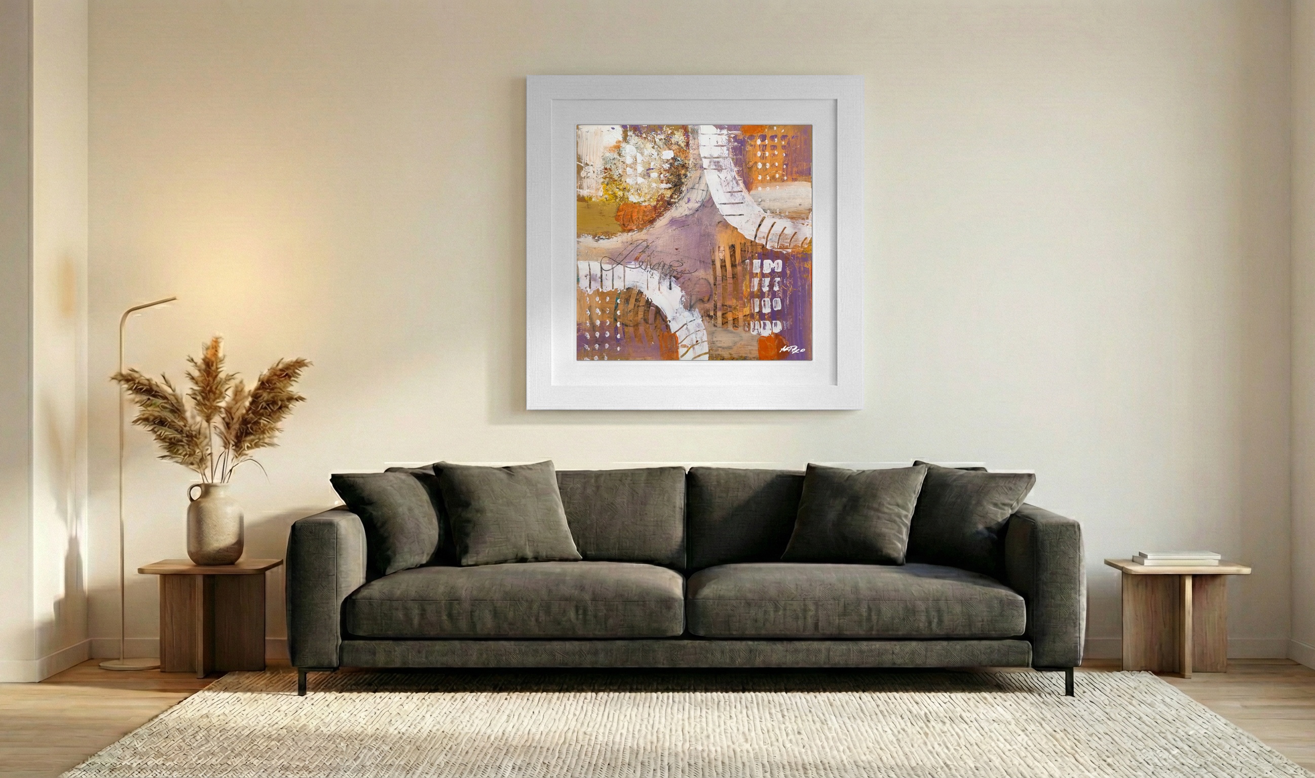 Lavender and Ochre Textured Abstract on Paper — art on the wall, room interior preview 3