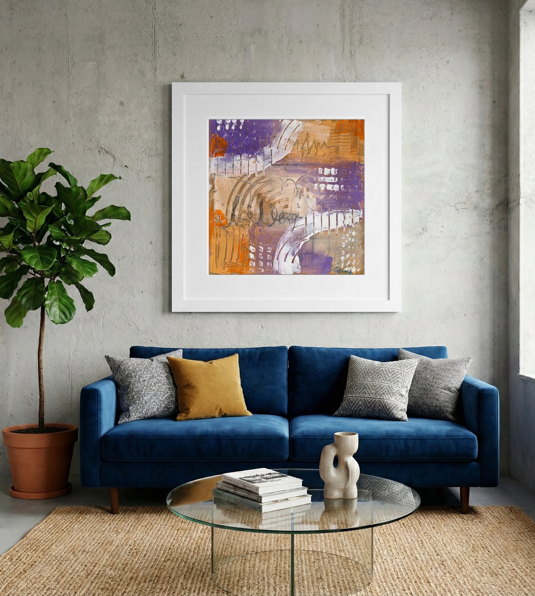 Deep Purple and Burnt Orange Acrylic on Paper — art on the wall, room interior preview 2