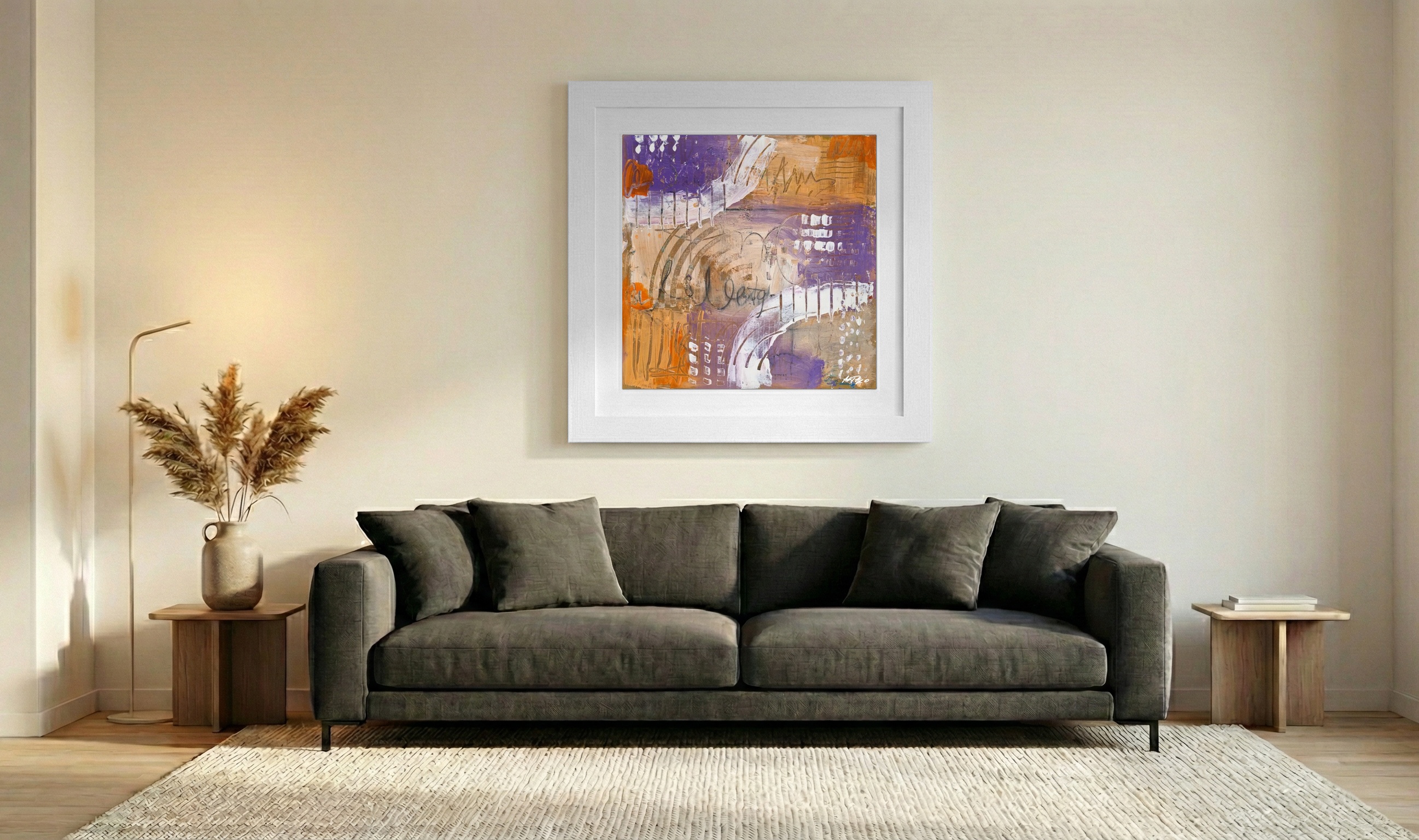 Deep Purple and Burnt Orange Acrylic on Paper — art on the wall, room interior preview 3