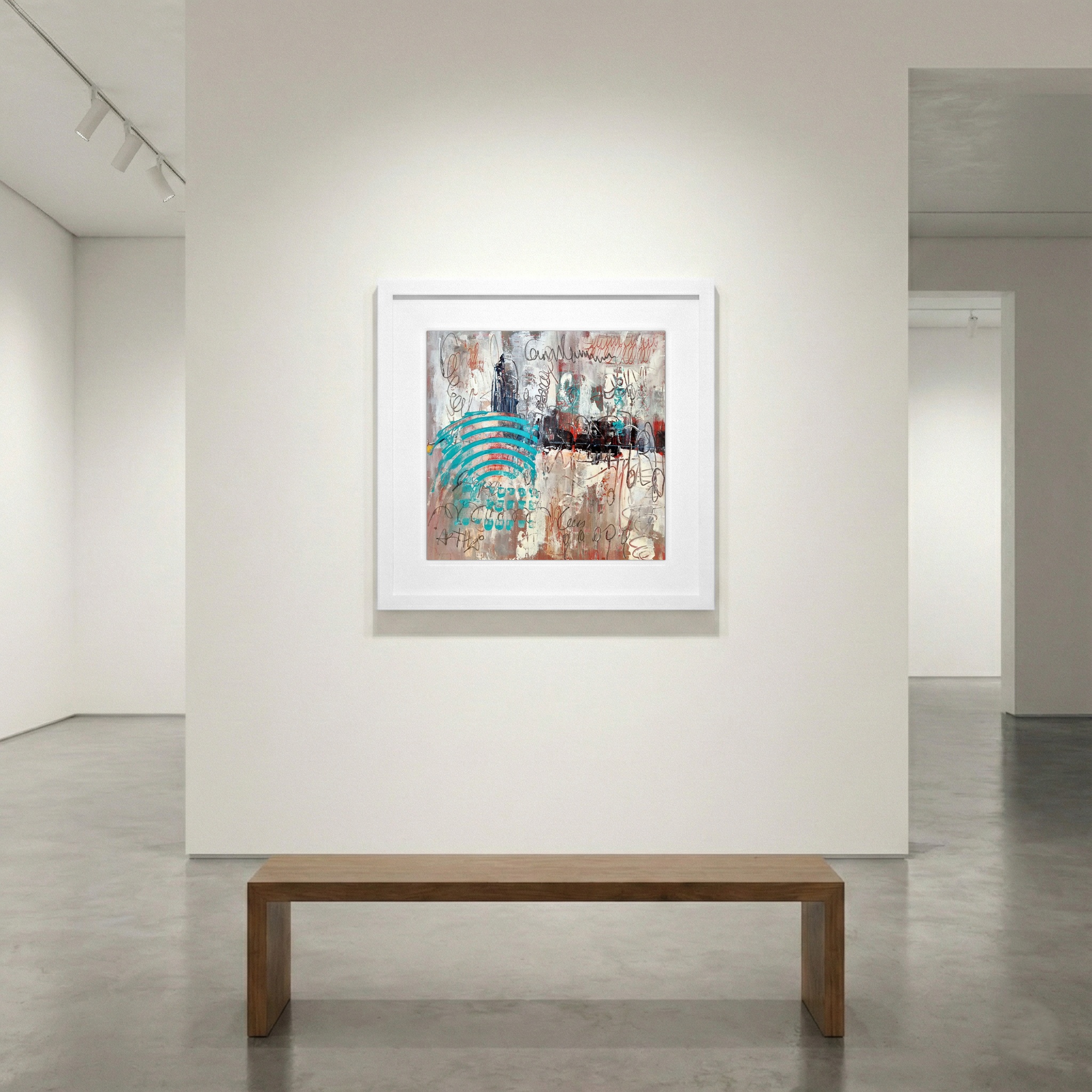 Turquoise and Red Urban Abstract on Paper — art on the wall, room interior preview 1