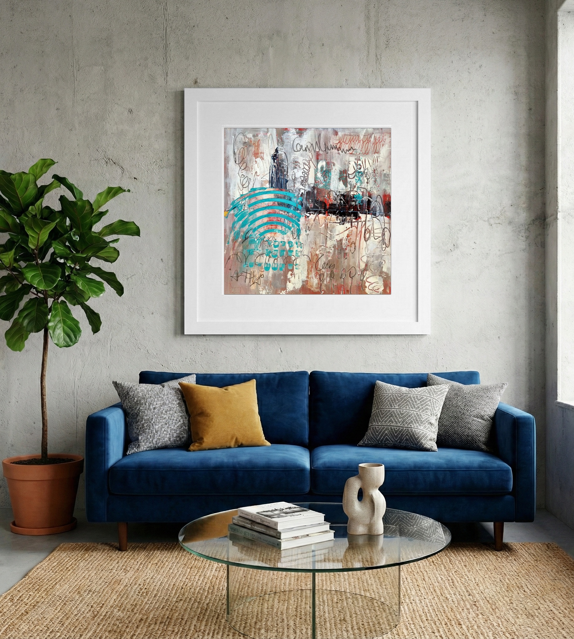 Turquoise and Red Urban Abstract on Paper — art on the wall, room interior preview 2