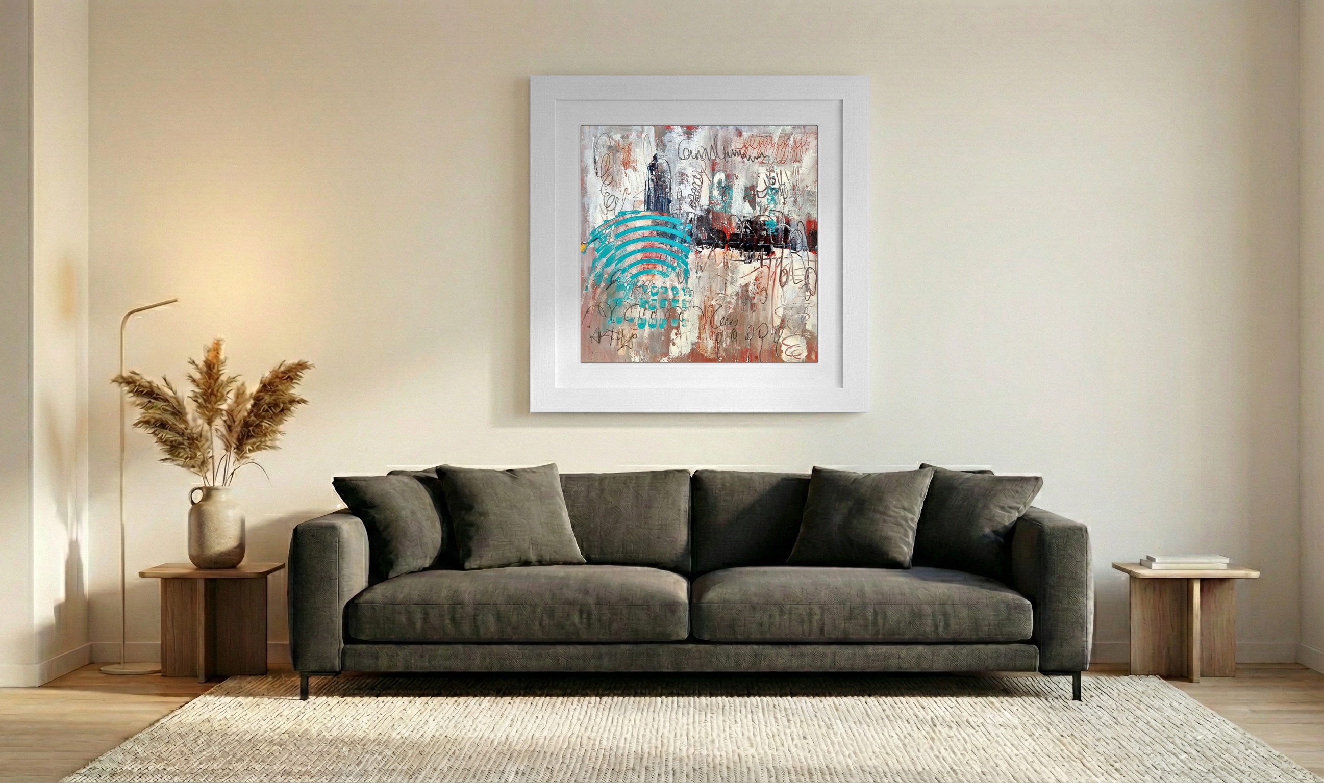 Turquoise and Red Urban Abstract on Paper — art on the wall, room interior preview 3