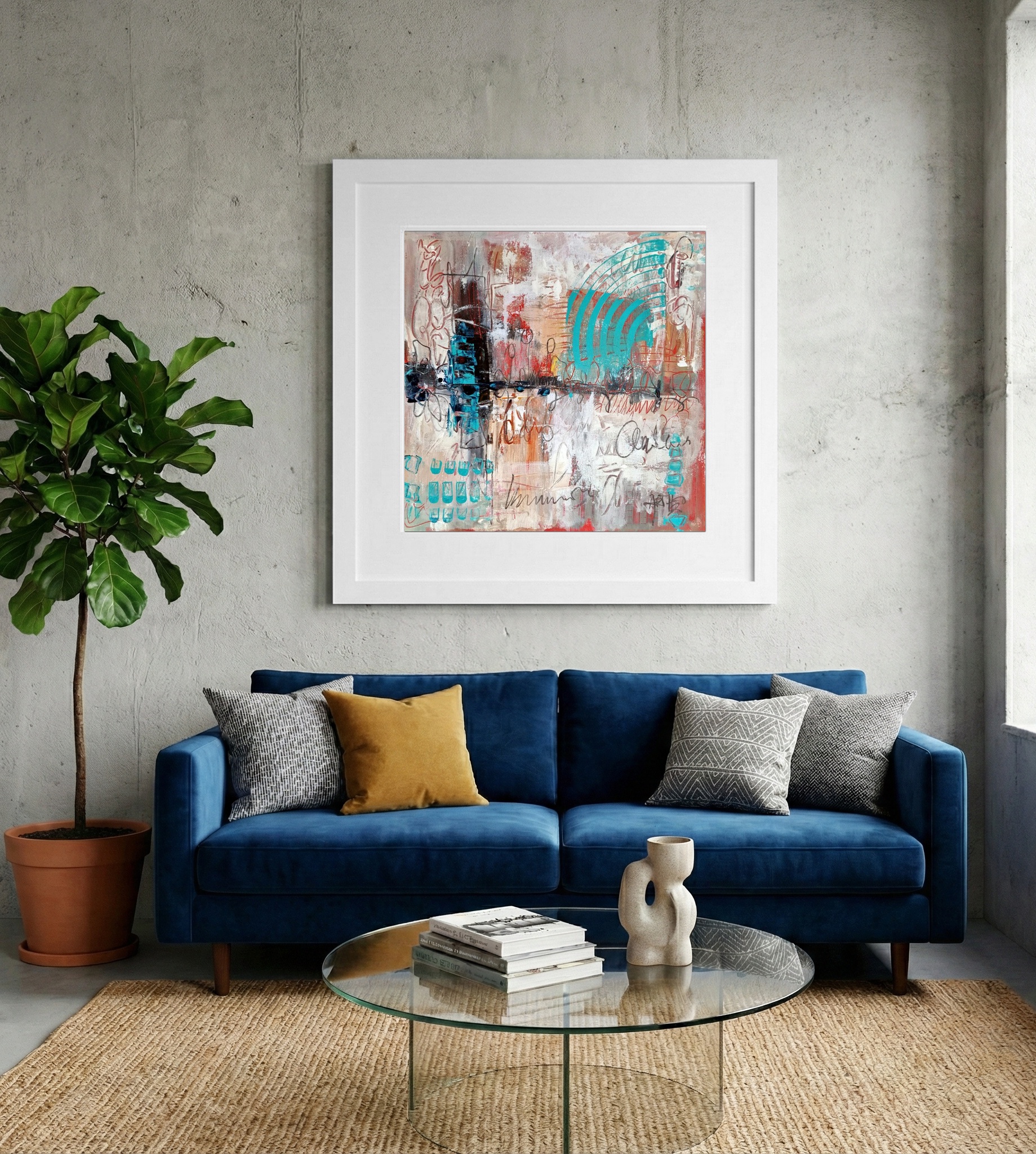 Teal and Orange Abstract Acrylic on Paper — art on the wall, room interior preview 2