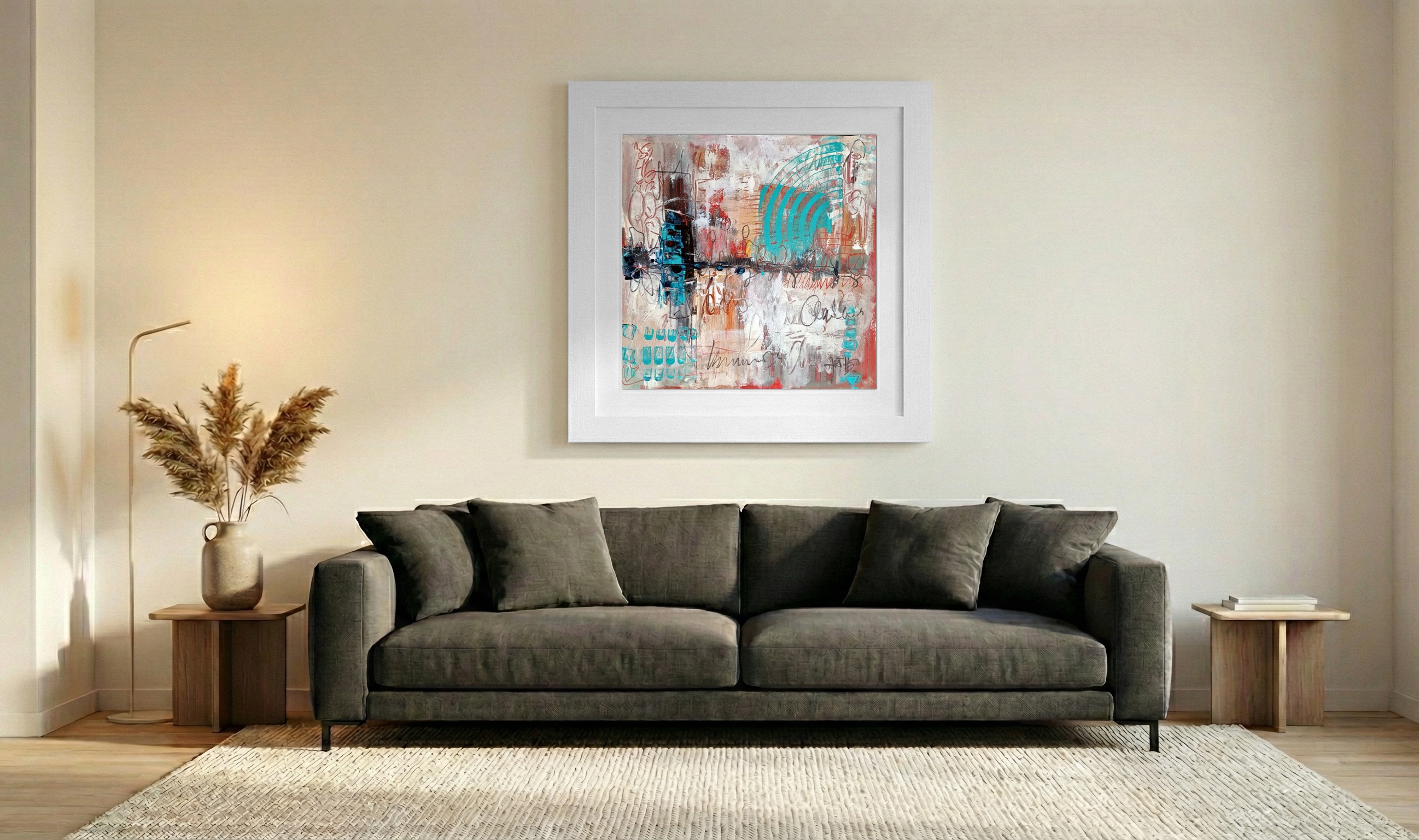Teal and Orange Abstract Acrylic on Paper — art on the wall, room interior preview 3
