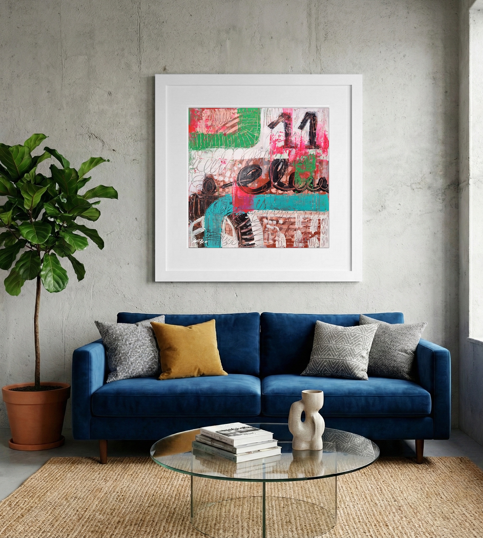 Teal and Pink Abstract Acrylic on Paper — art on the wall, room interior preview 2