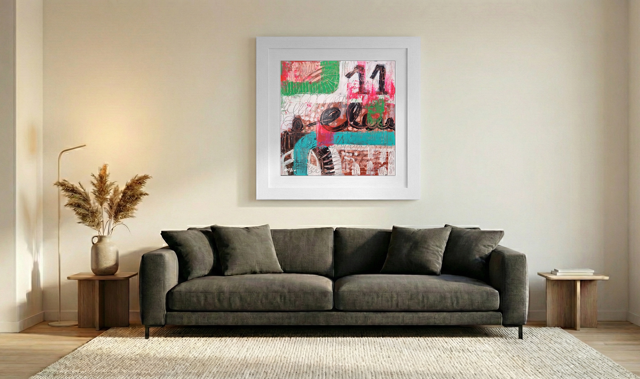Teal and Pink Abstract Acrylic on Paper — art on the wall, room interior preview 3