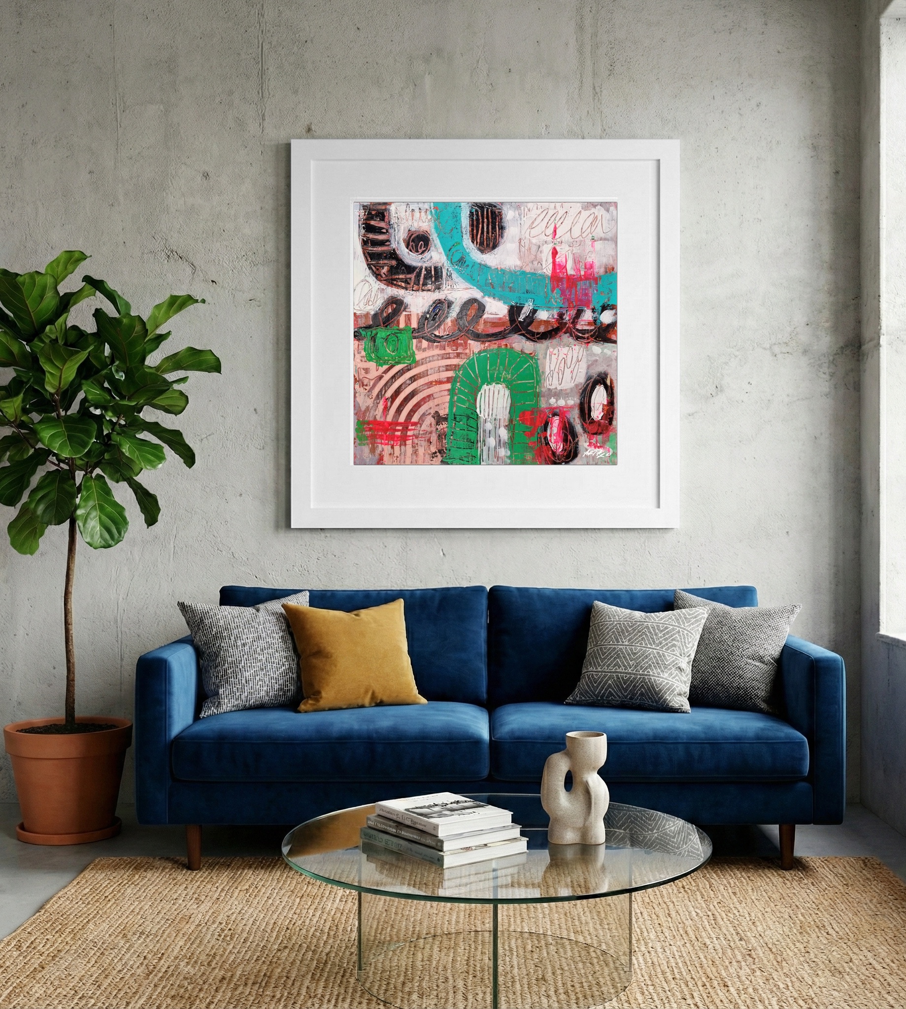 Turquoise and Peach Abstract on Paper — art on the wall, room interior preview 2