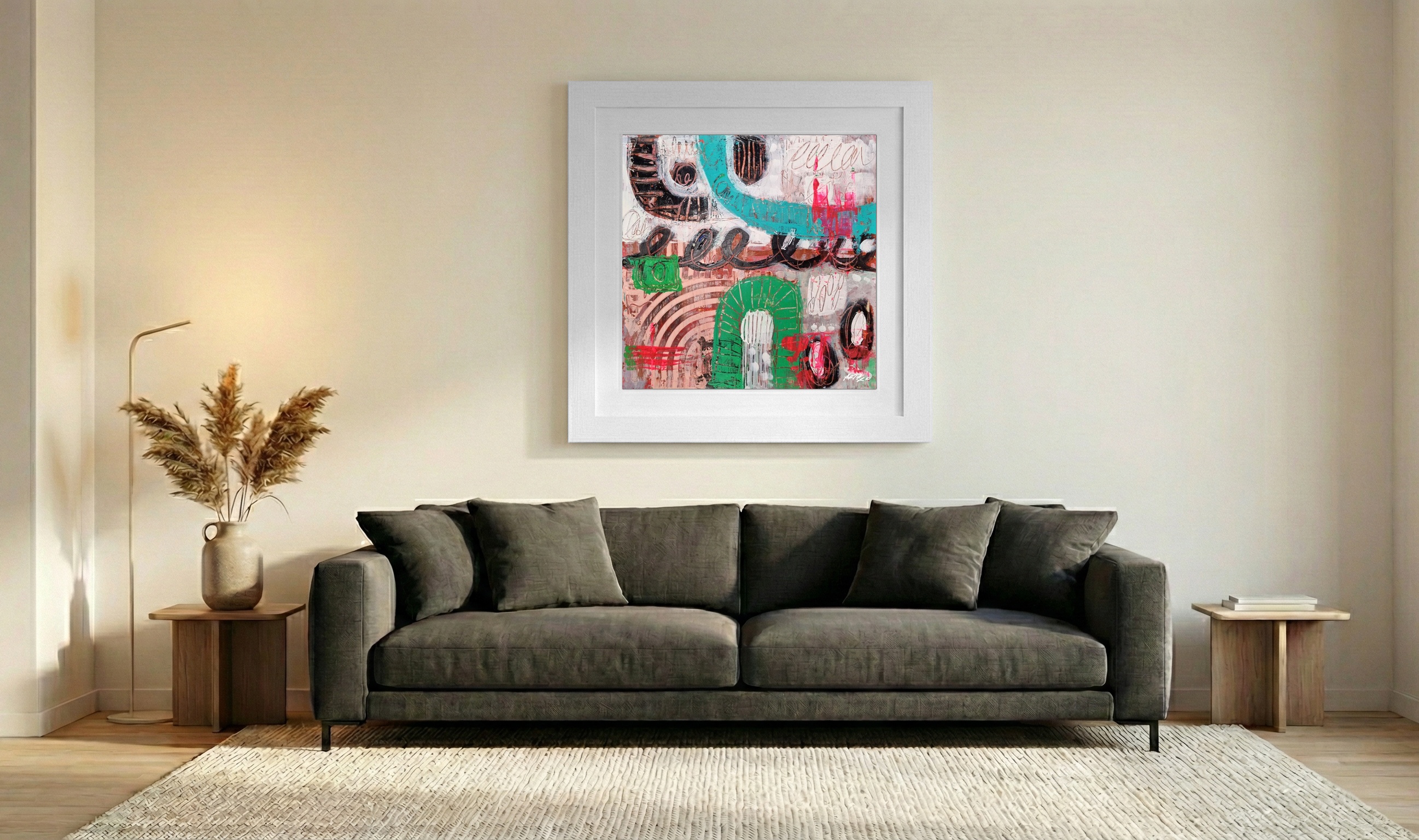 Turquoise and Peach Abstract on Paper — art on the wall, room interior preview 3