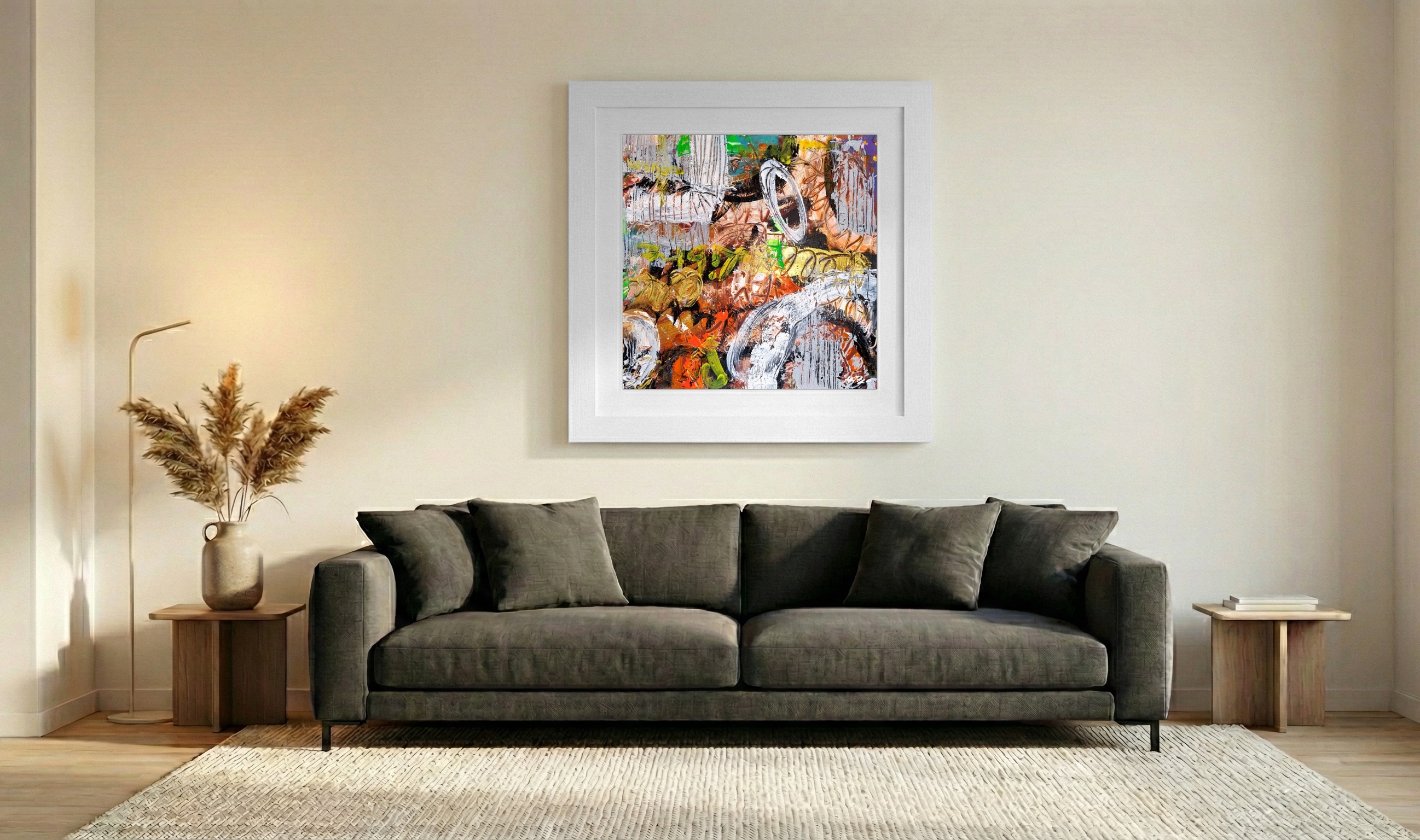 Bronze and Green Abstract on Paper — art on the wall, room interior preview 3
