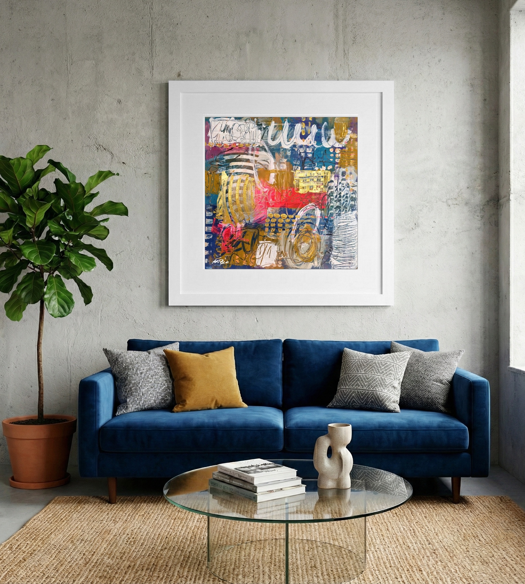 Crimson and Aqua Acrylic Abstract on Paper — art on the wall, room interior preview 2