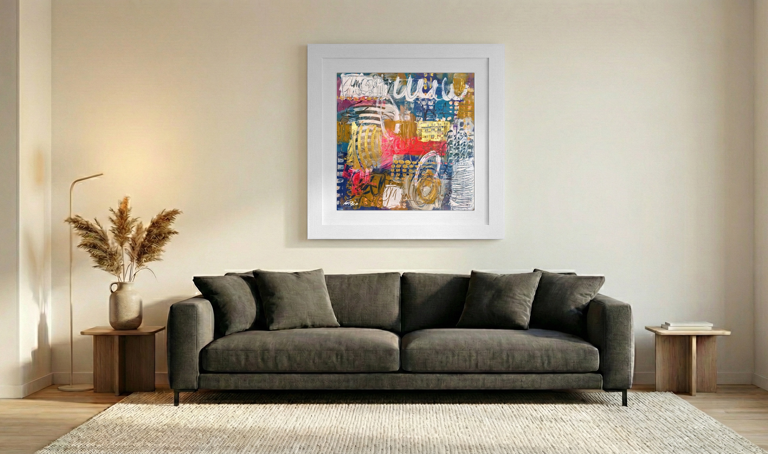 Crimson and Aqua Acrylic Abstract on Paper — art on the wall, room interior preview 3