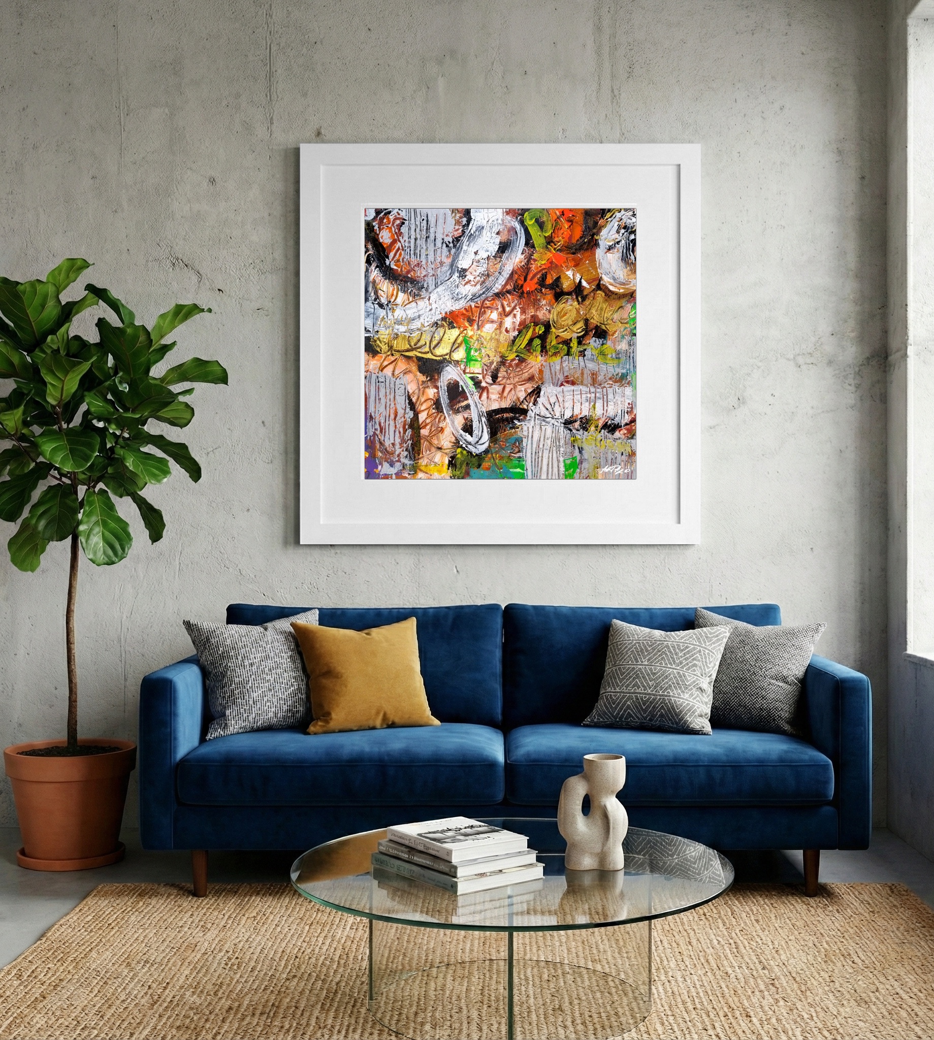 Burnt Orange and Green Abstract on Paper — art on the wall, room interior preview 2