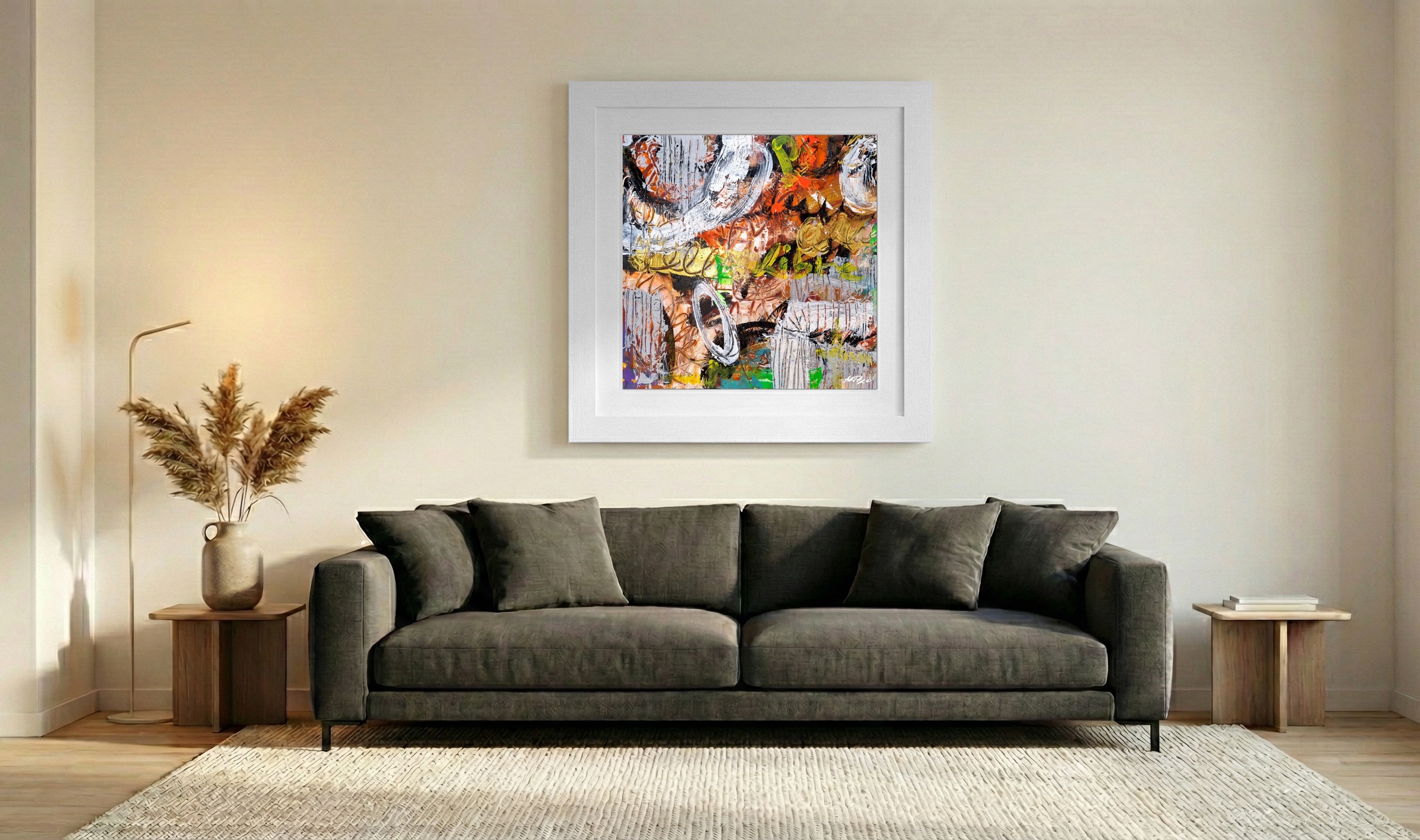 Burnt Orange and Green Abstract on Paper — art on the wall, room interior preview 3
