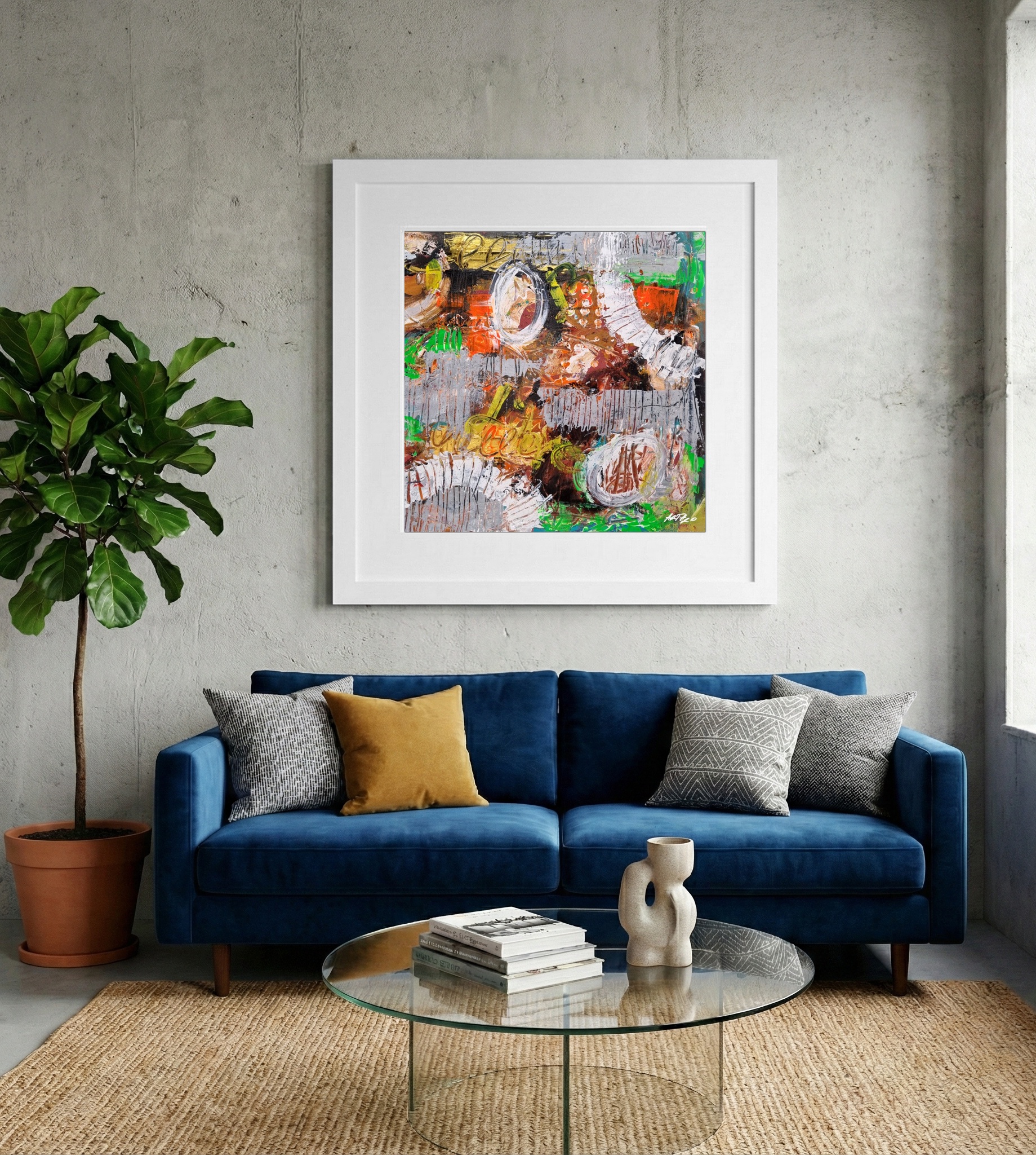 Burnt Sienna and Green Abstract on Paper — art on the wall, room interior preview 2
