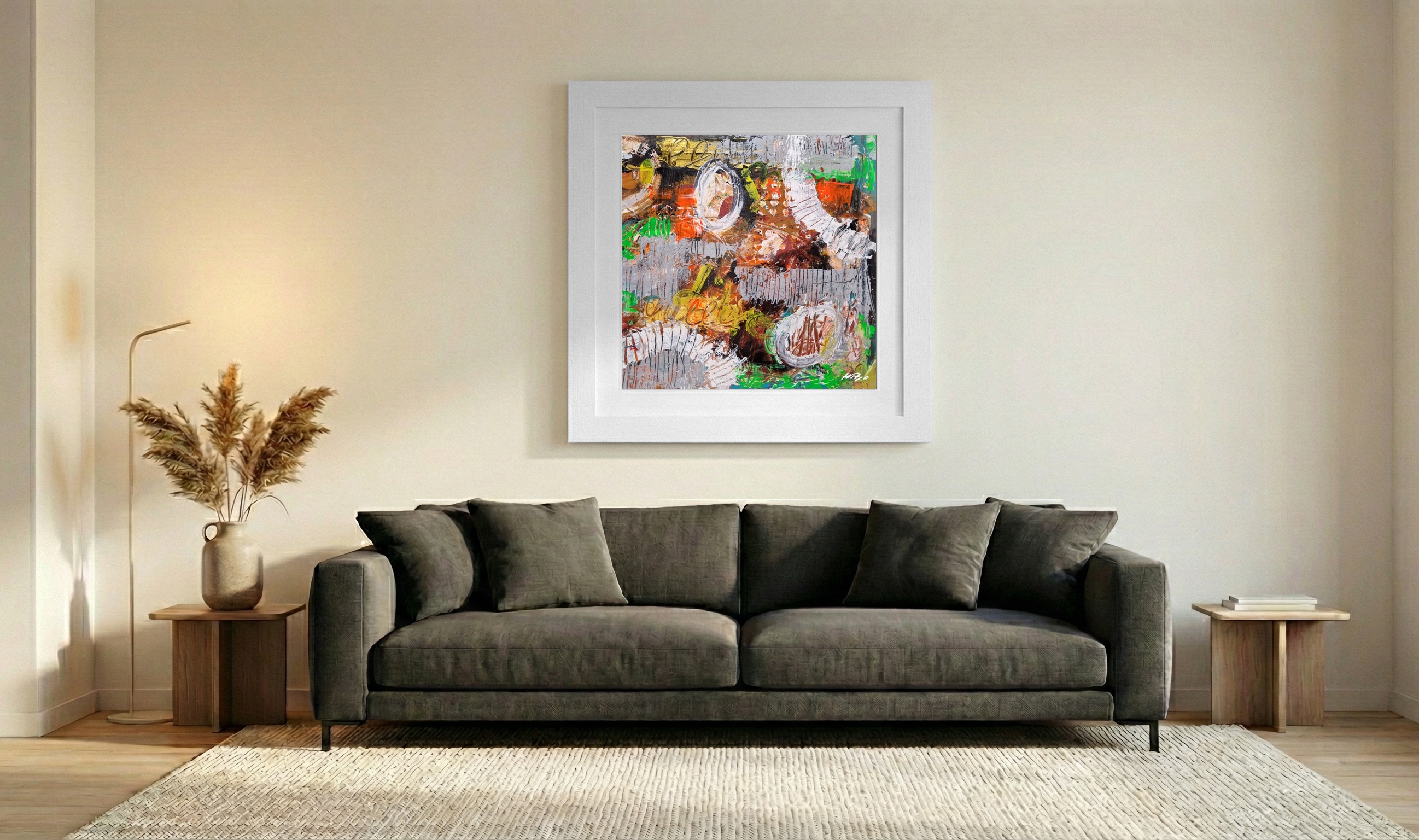 Burnt Sienna and Green Abstract on Paper — art on the wall, room interior preview 3