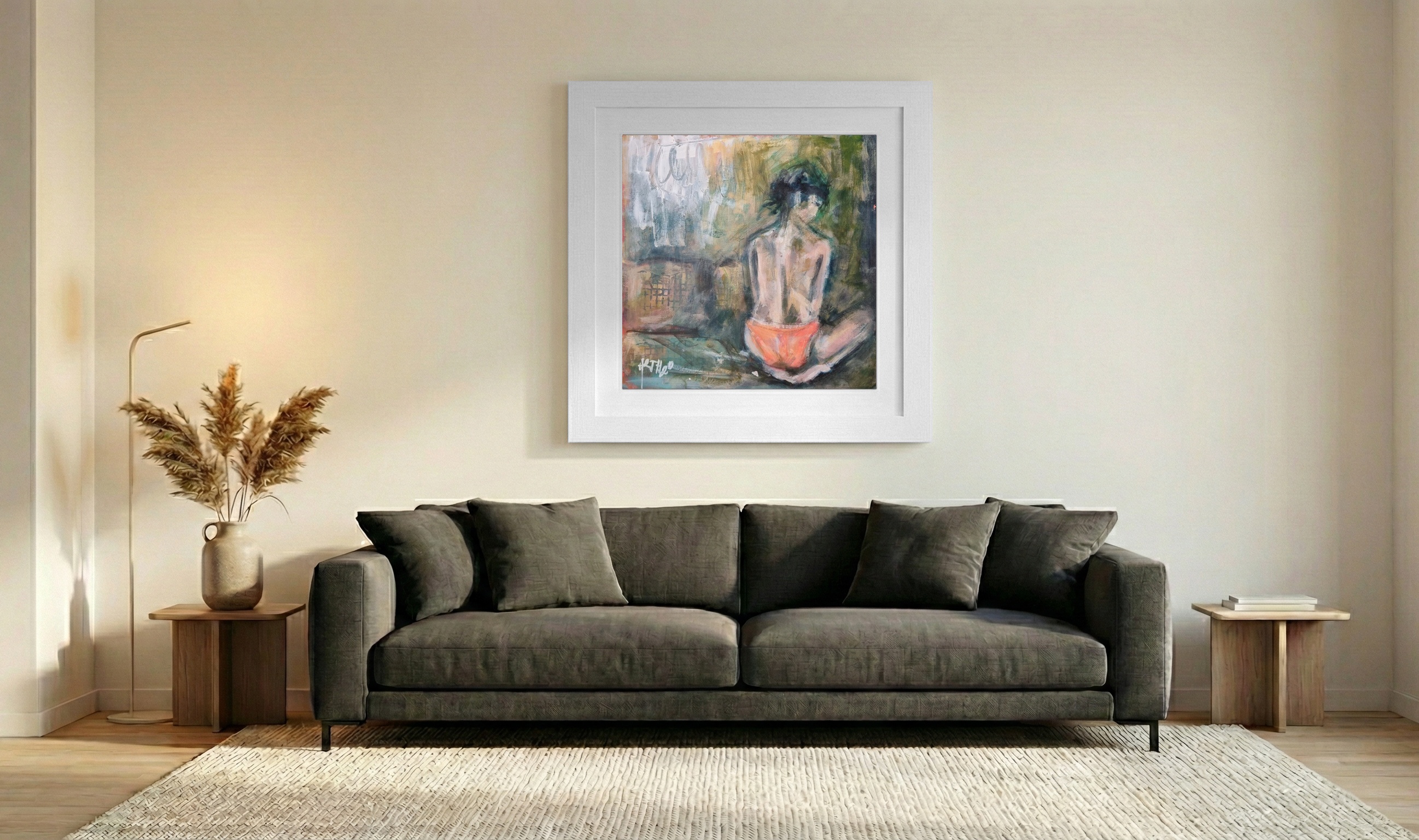 Muted Green and Orange Figurative Art — art on the wall, room interior preview 3