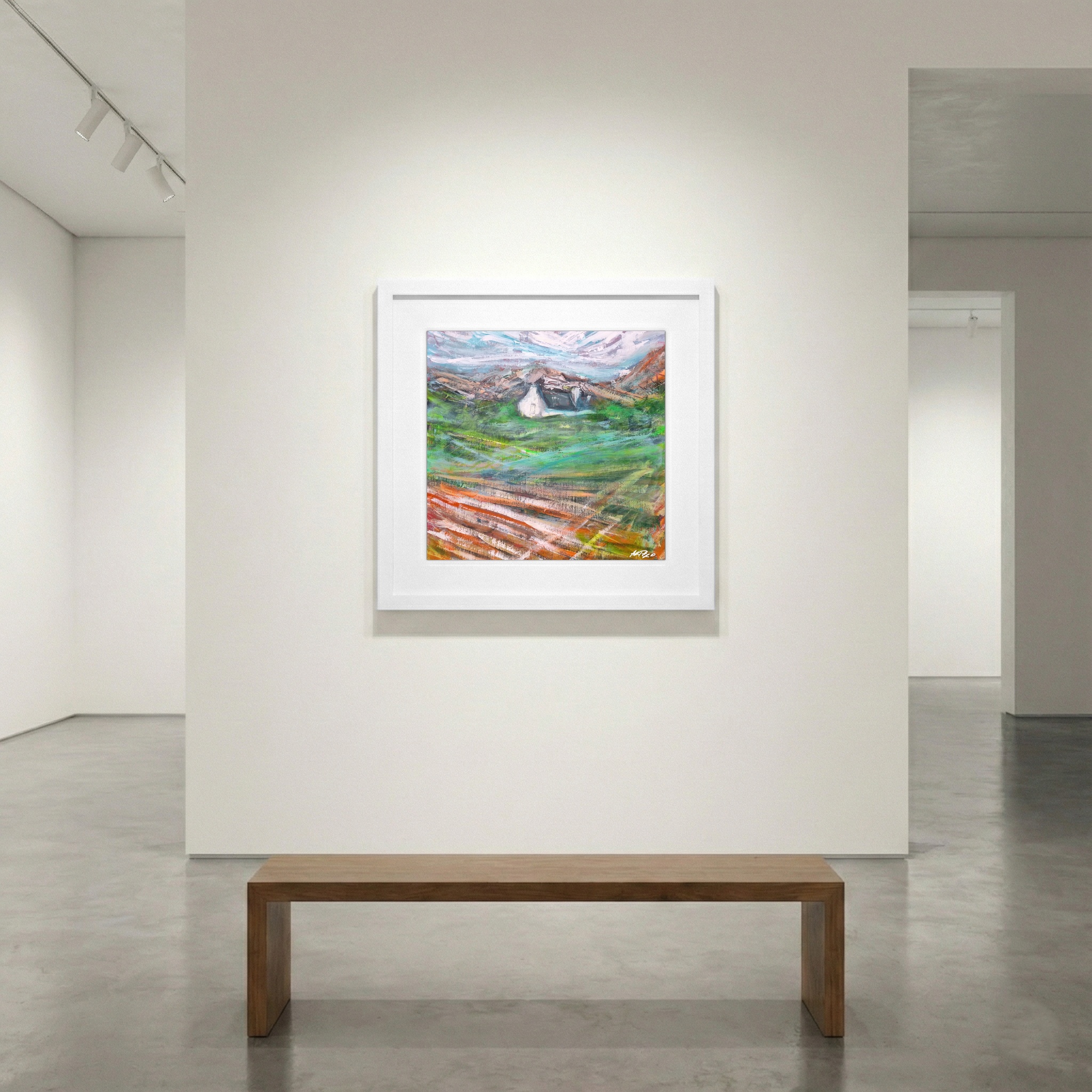 Emerald Green Landscape with Rustic Cottage — art on the wall, room interior preview 1