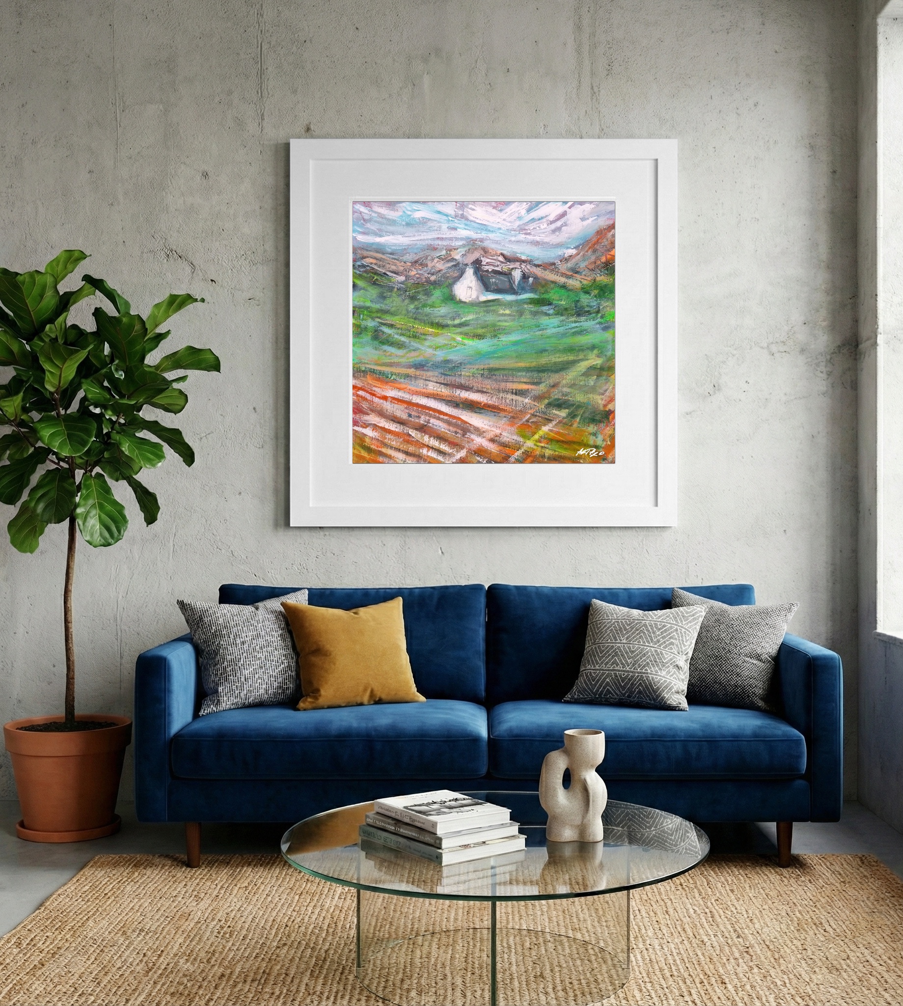 Emerald Green Landscape with Rustic Cottage — art on the wall, room interior preview 2