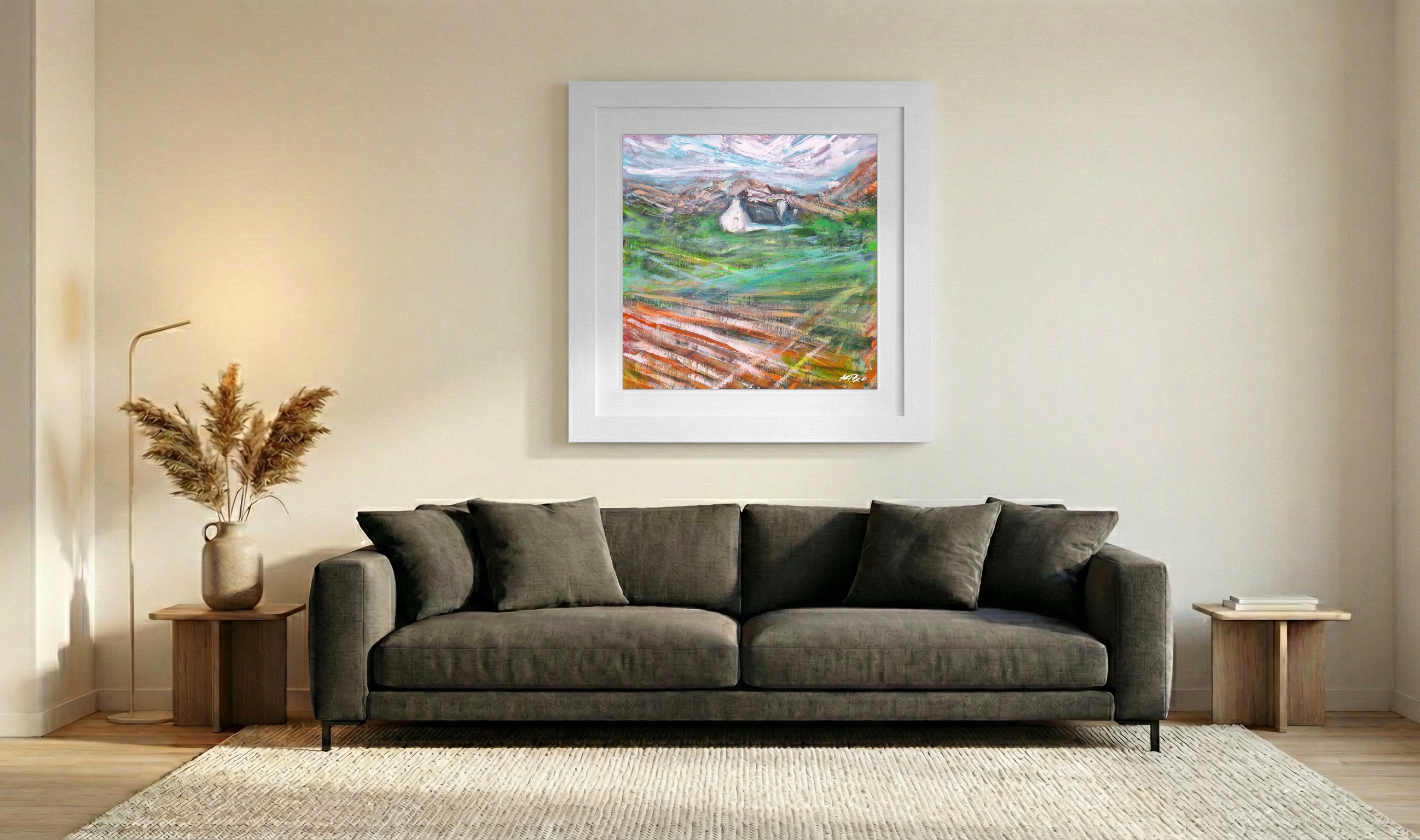 Emerald Green Landscape with Rustic Cottage — art on the wall, room interior preview 3