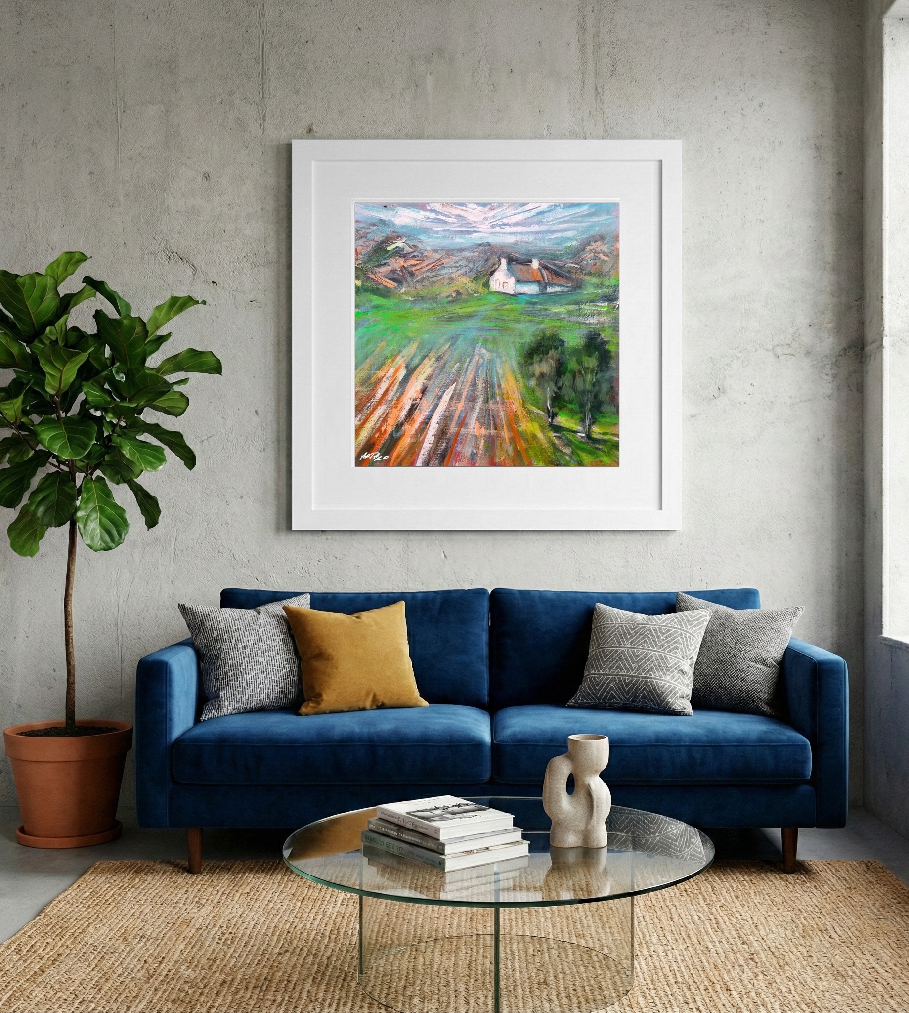 Emerald and Olive Landscape in Acrylic — art on the wall, room interior preview 2